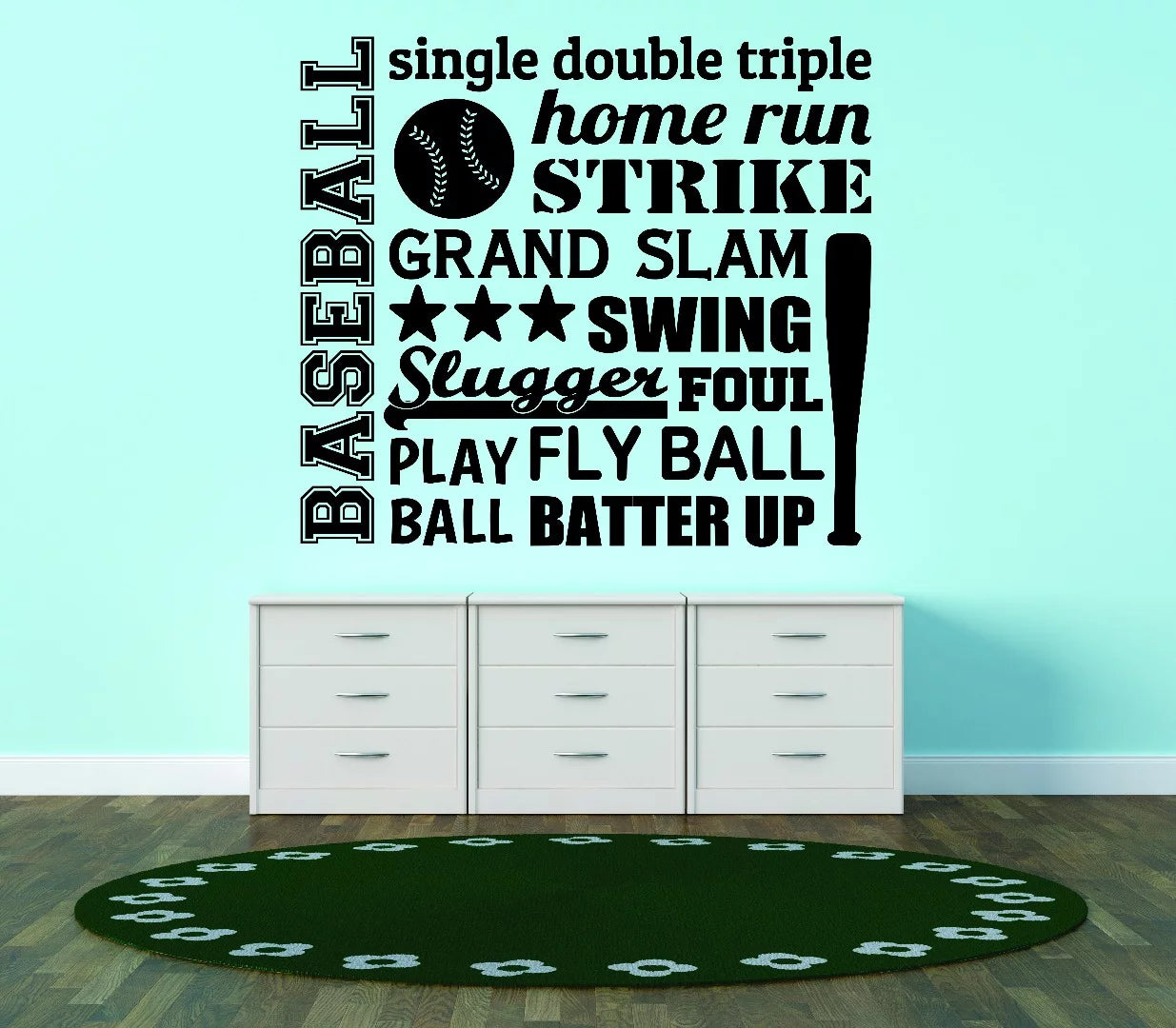 Custom Wall Decal : Baseball Single Double Triple Home Run Strike Grand Slam Swing Slugger Foul Play Fly Ball Ball Batter Up! Boys Quote 16x16