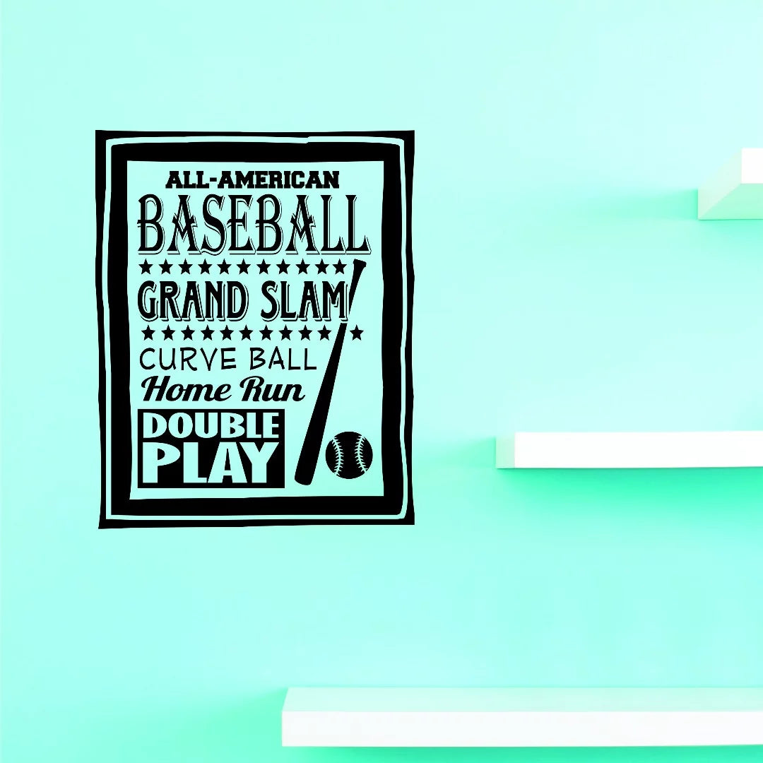All American Baseball Grand Slam Curve Ball Home Run Double Play Sign Vinyl Wall Decal Sticker Childrens Bedroom ¨C 10x20 Inches