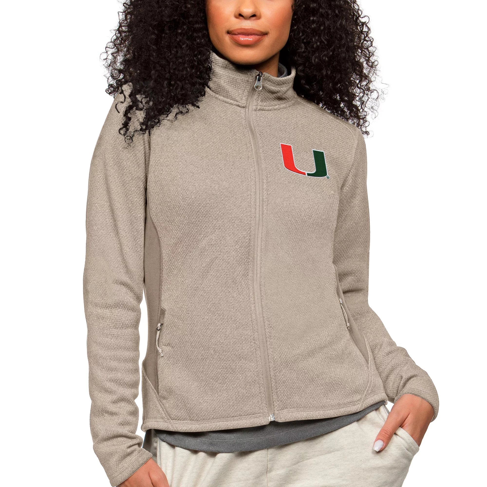 Women's Antigua Oatmeal Miami Hurricanes Course Full-Zip Jacket