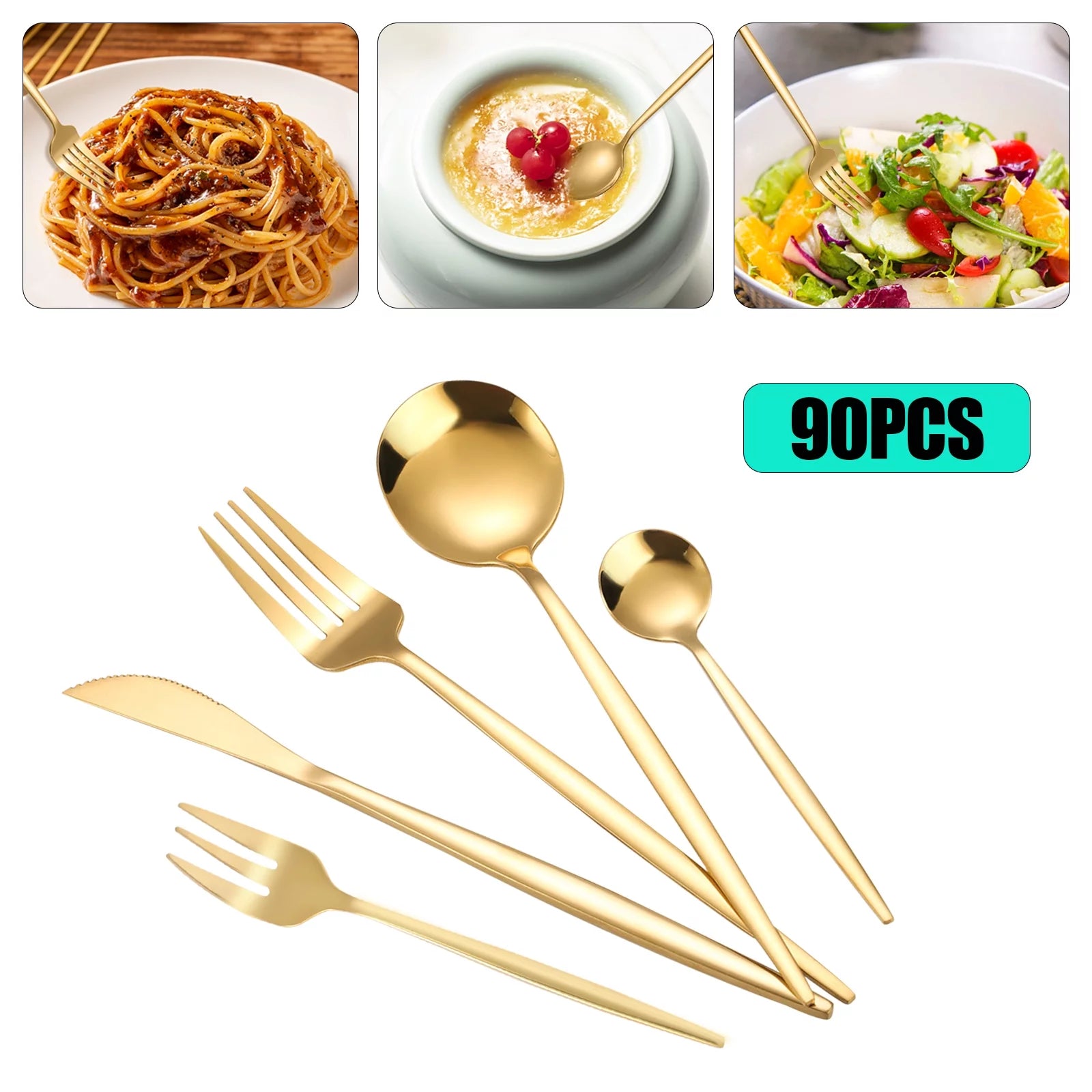 Aiqidi 90Pcs Gold Flatware Set Stainless Steel Silverware Utensil Kitchen Tableware Forks Knives Spoon Cutlery for Home Restaurant