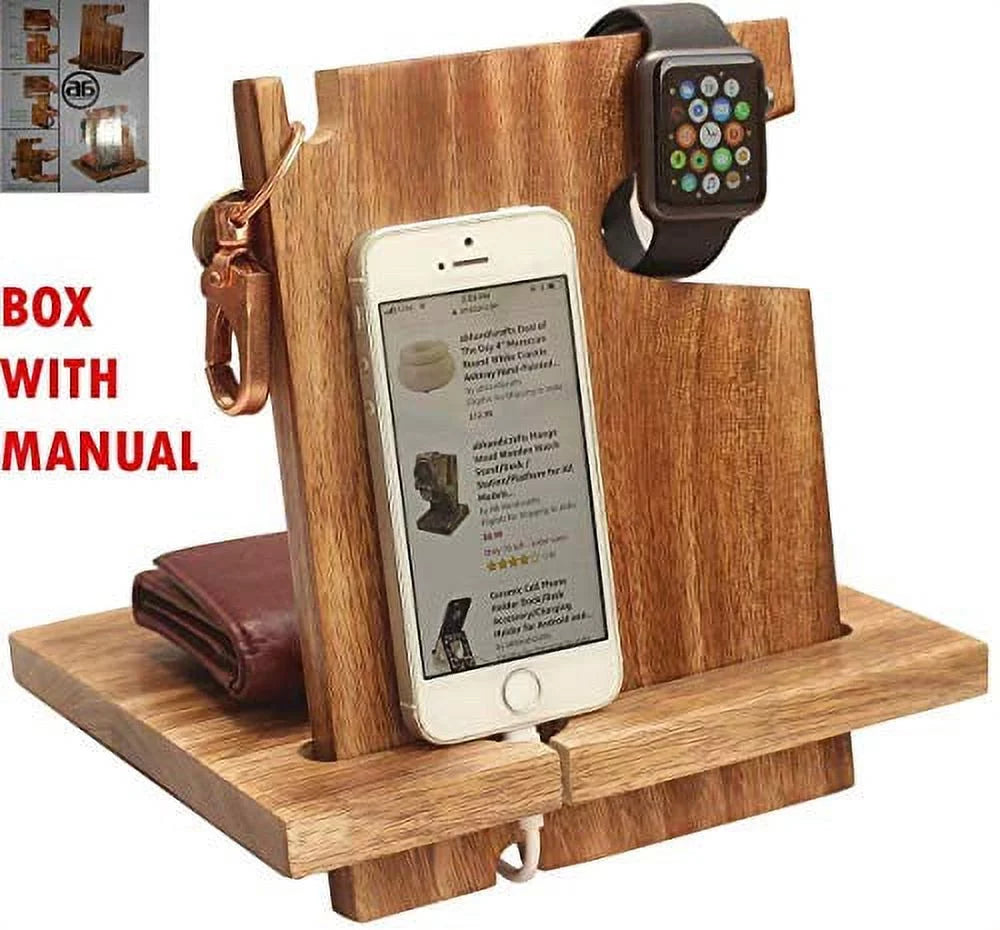 Abhandicrafts Wooden Docking Station for Men - Great Gifts for Men, Women, Boy Friend, Him/Her - Holds Keys, Watch, Wallet, All Cell Phones - with Coaster