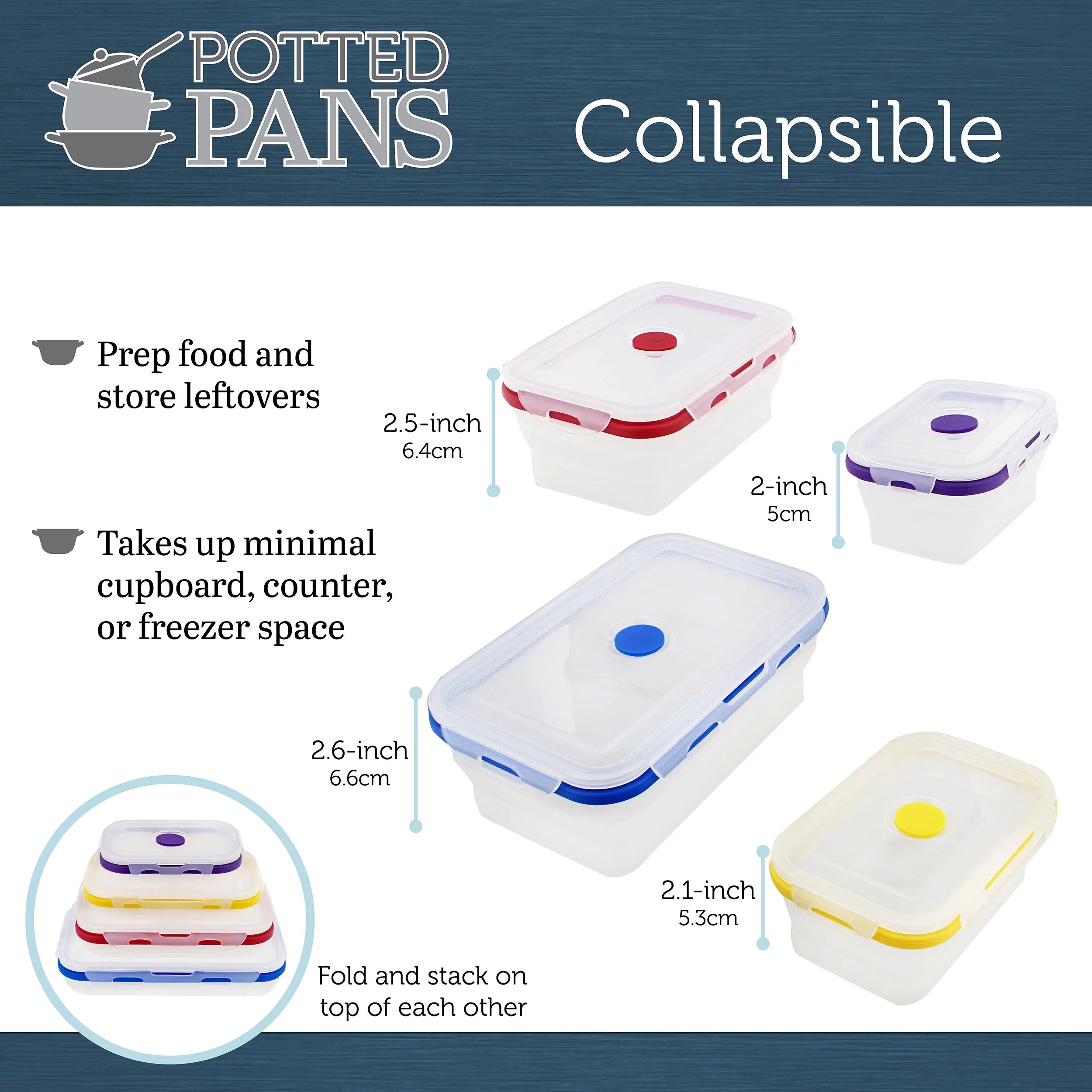 Potted Pans Collapsible Containers with Lids - 4pc Silicone Storage Containers