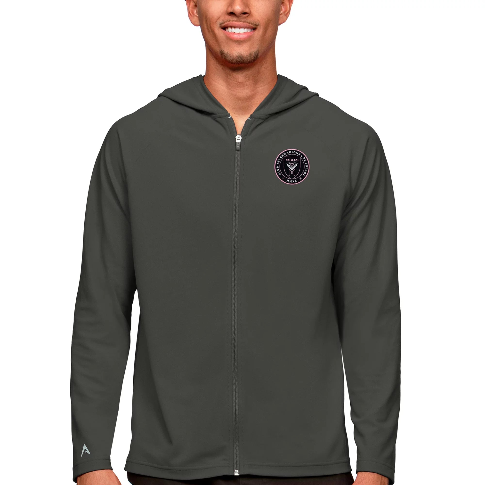 Men's Antigua Charcoal Inter Miami CF Primary Team Logo Legacy Full-Zip Hoodie