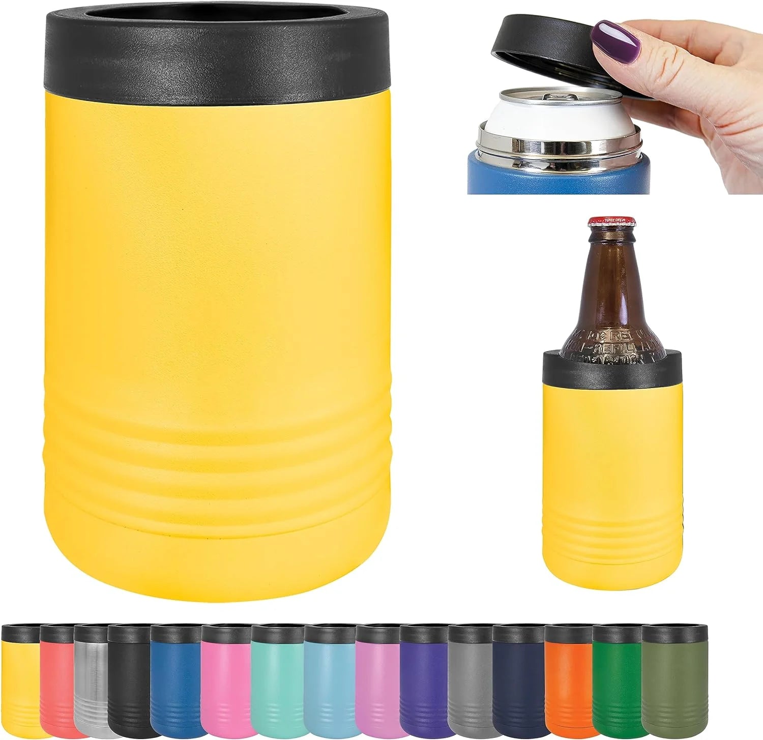 Insulated Stainless Steel 12 Oz Double Wall Can Or Bottle Cooler - Keeps Beverage Cold For Hours - Fits 12 Oz Cans, 12 Oz Bottles And 16 Oz Cans (Yellow)