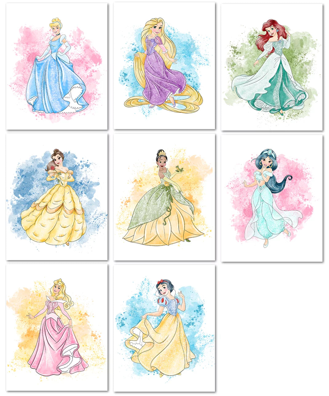 Nistio? Disney Princess Watercolor Prints, Princess Wall Art Posters, Set of 8, Girls Bedroom Poster, Princess Playroom Decor, Nursery Prints, Unframed, 8x10
