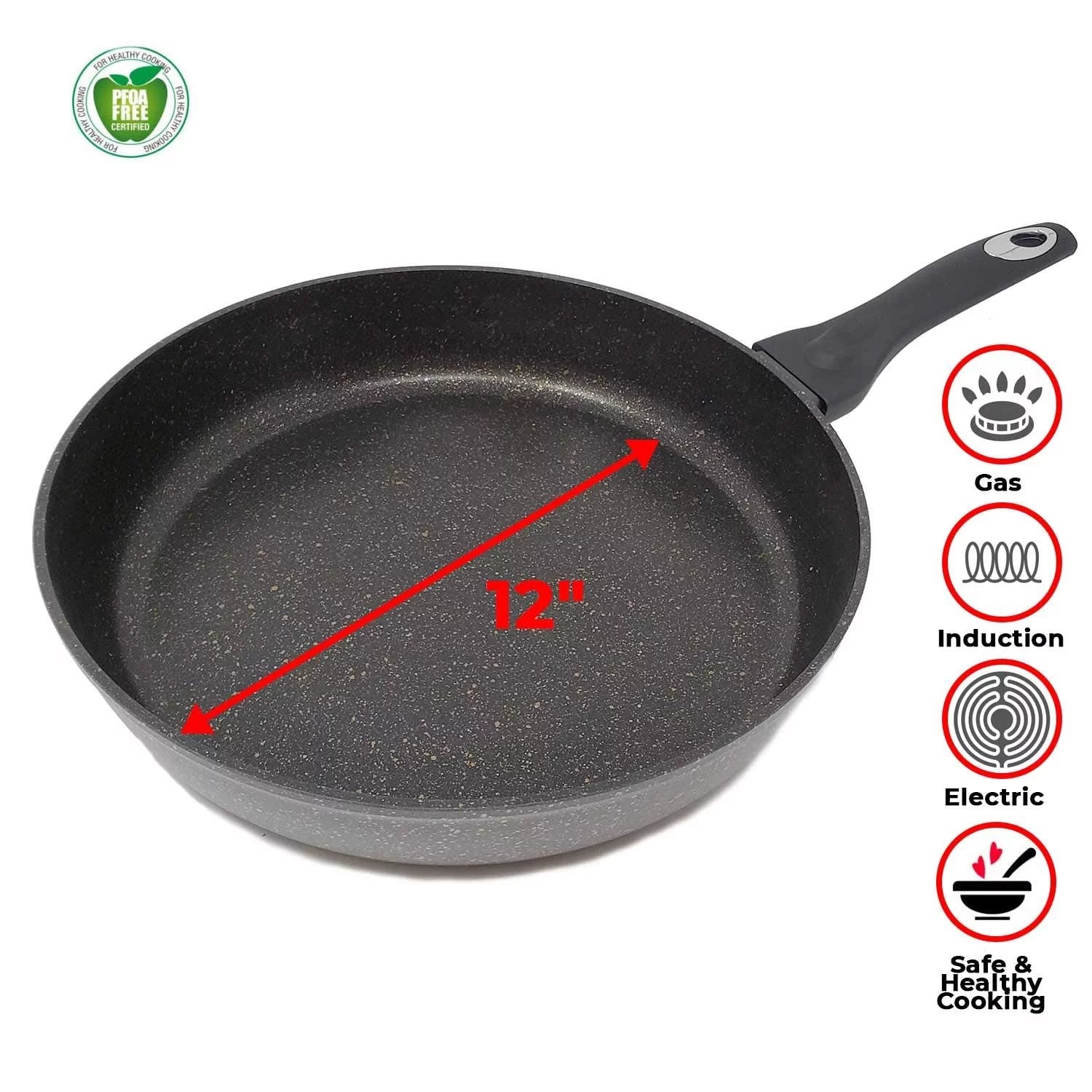 Non Stick Stone Marble Coating Hard Cast Anodized Forged Aluminium Fry Pan With Induction Bottom & Cool Touch Handle, 5 Year Warranty 12 Inch
