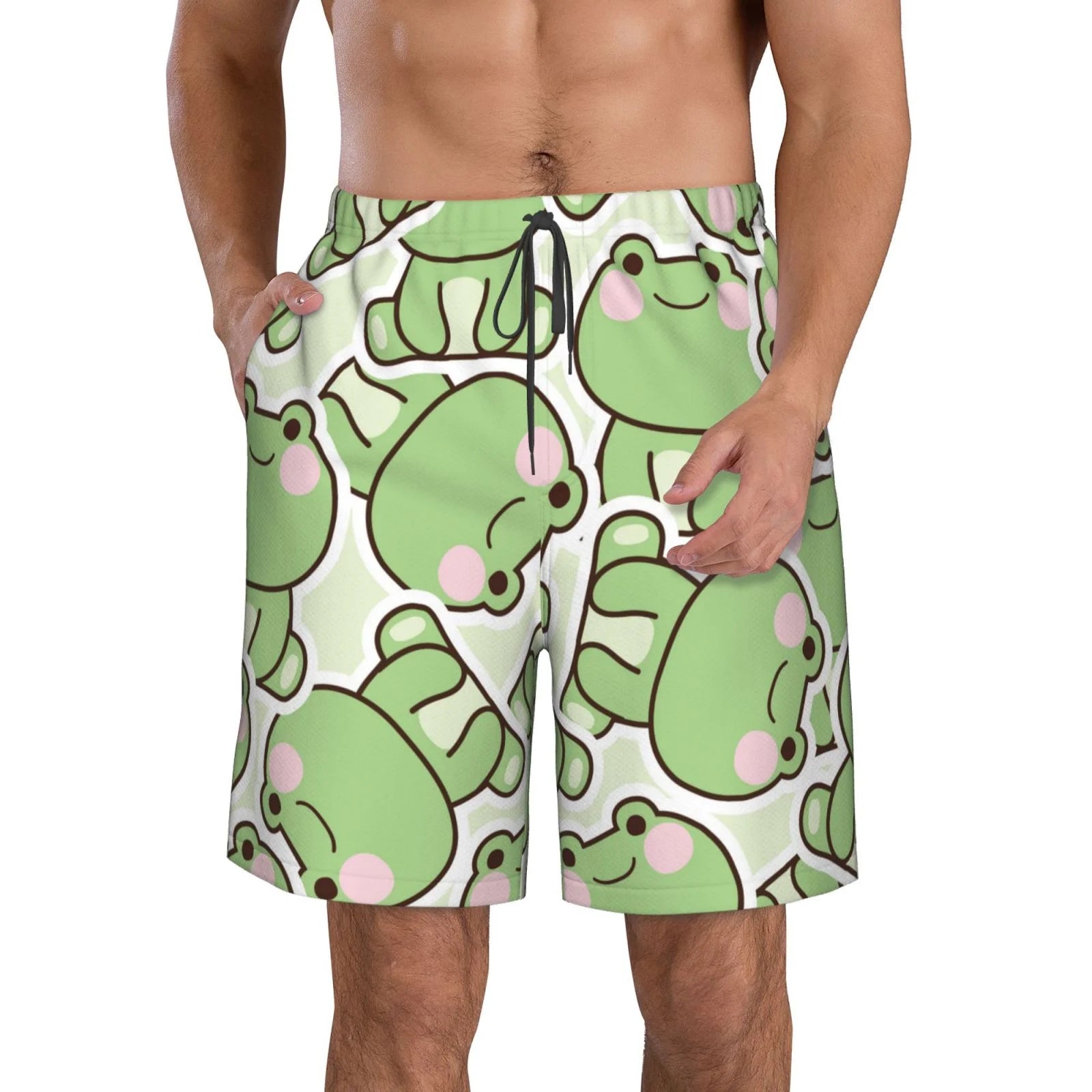 Kll Cute Frog Men'S Casual Summer Beach Shorts Hawaiian Shorts With Pockets-Small