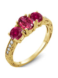 Gem Stone King 2.97 Ct Oval Pink Tourmaline Red Created Ruby 18K Yellow Gold Plated Silver Moissanite Ring