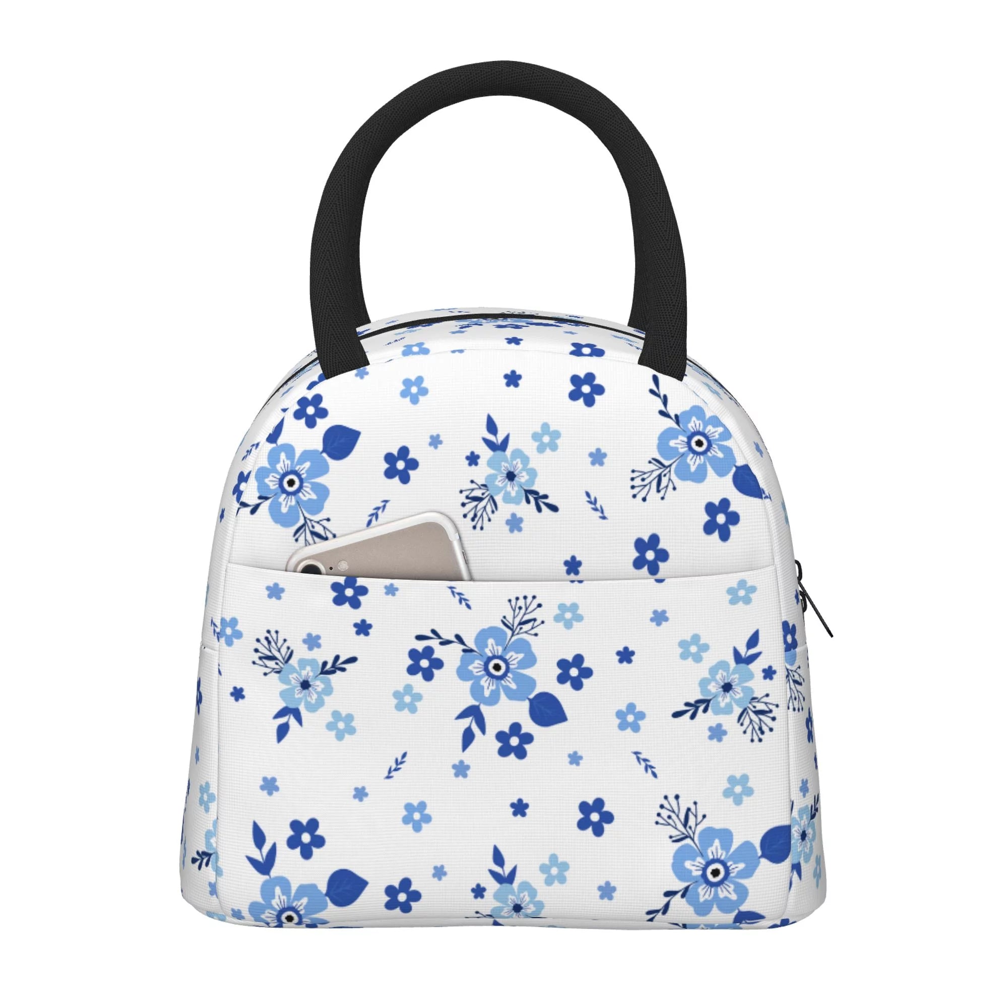 YFYANG Portable Waterproof Insulated Lunch Bag, Small Blue Flower Pattern Reusable Cooler Bag / Picnic Bag for Adults Teens