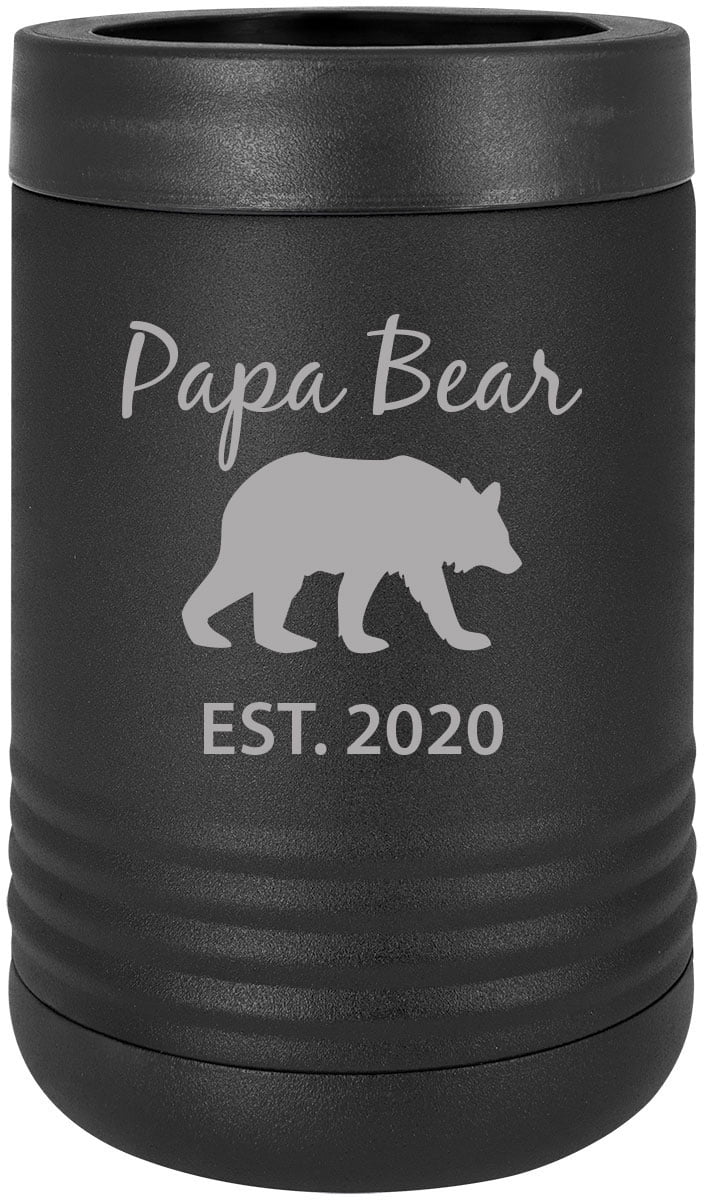 Papa Bear Est. 2020 Stainless Steel Engraved Insulated Beer Beverage Holder Can Cooler, Black