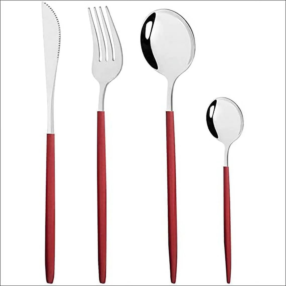 Namzi 40-Piece Silverware Set Stainless Steel Reusable Utensils Forks Spoons Knives Set, Mirror Polished Cutlery Flatware Set, Great for Family Gatherings & Daily Use (10,Red Handle Silver)