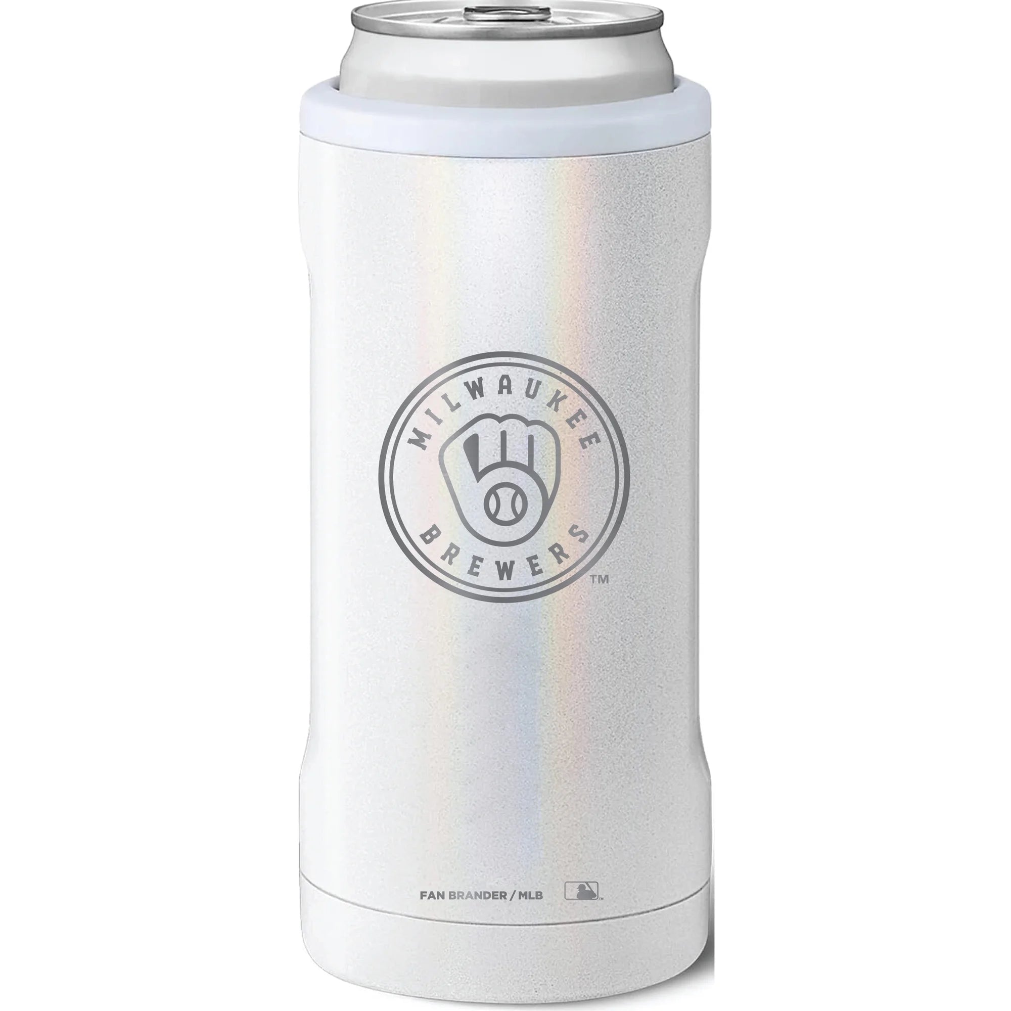 BruMate Milwaukee Brewers 12oz. Primary Mark Glitter Slim Can Cooler