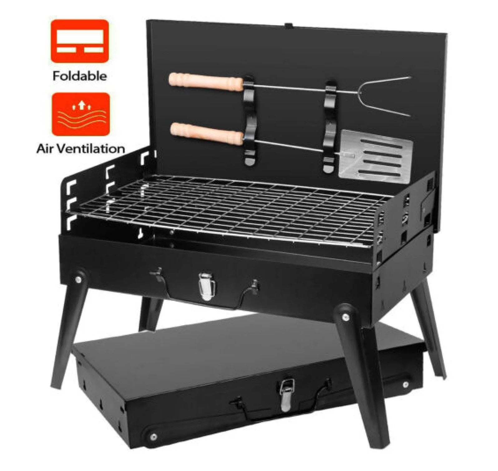 Generic BBQ Barbecue Grill Portable Fold Charcoal Stove Camping Garden Outdoor Case Set Stainless Steel (Black)