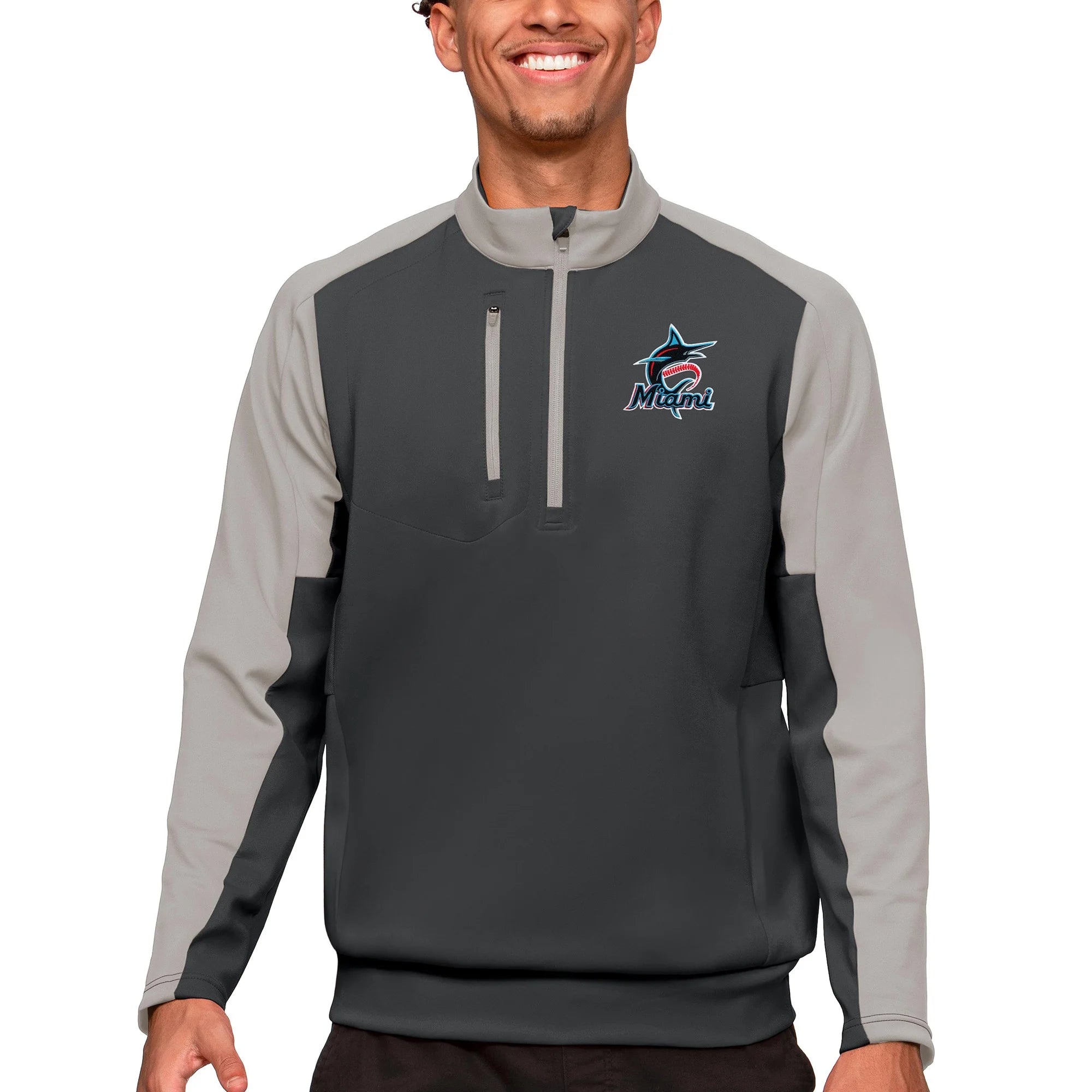 Men's Antigua Charcoal Miami Marlins Team Quarter-Zip Pullover Top
