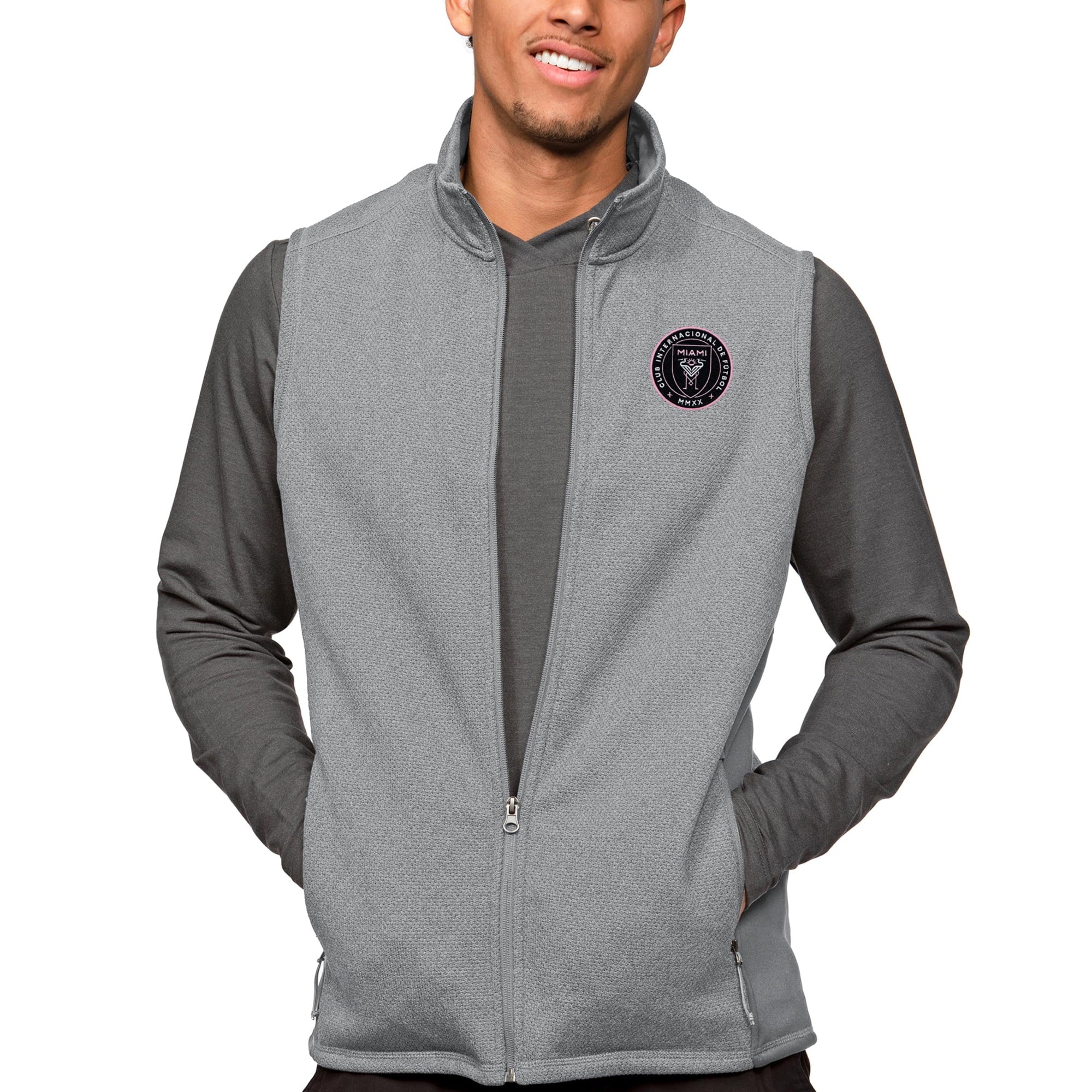 Men's Antigua Gray Inter Miami CF Primary Team Logo Course Full-Zip Vest