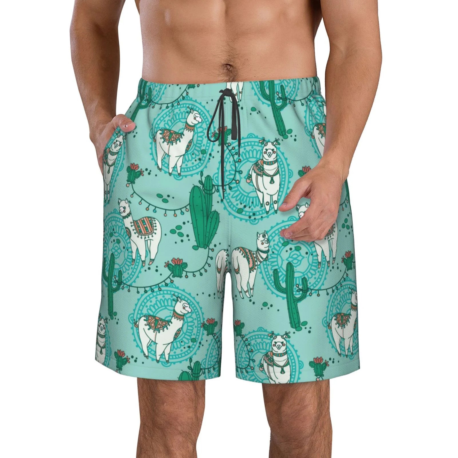 Kll Alapaca In Boho Men'S Casual Summer Beach Shorts Hawaiian Shorts With Pockets-Small