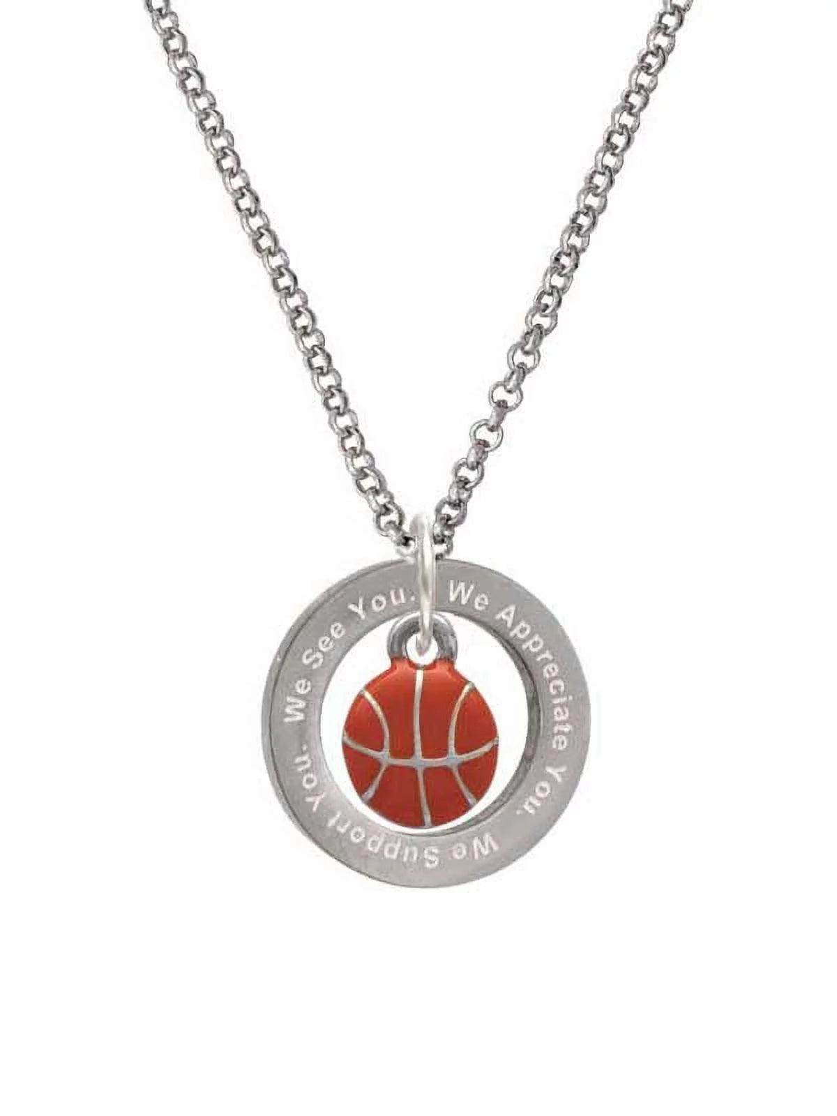 Silvertone Mini Orange Basketball - We See You, We Support You Affirmation Ring Necklace