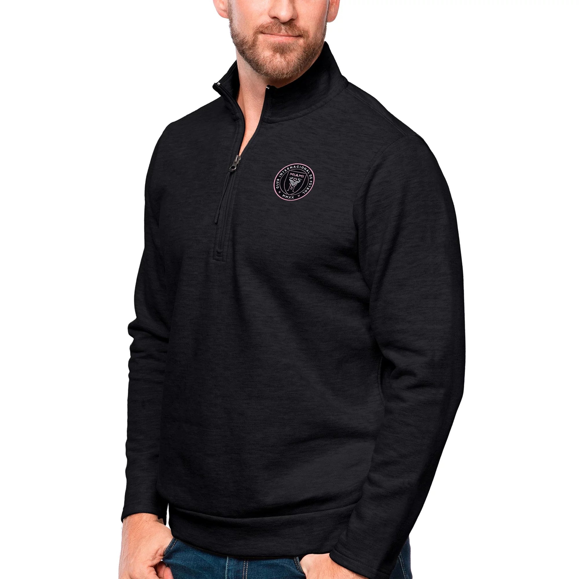 Men's Antigua Heather Black Inter Miami CF Primary Team Logo Gambit Quarter-Zip Pullover Top