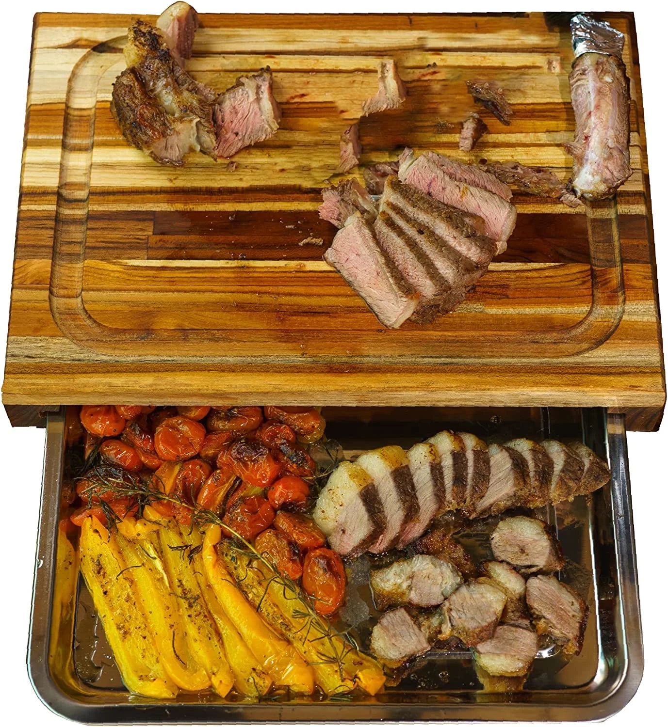 meistar Large End Grain Teak Wood Cutting Board for Kitchen, Brisket and BBQ with S. Steel Tray and Juice Groove