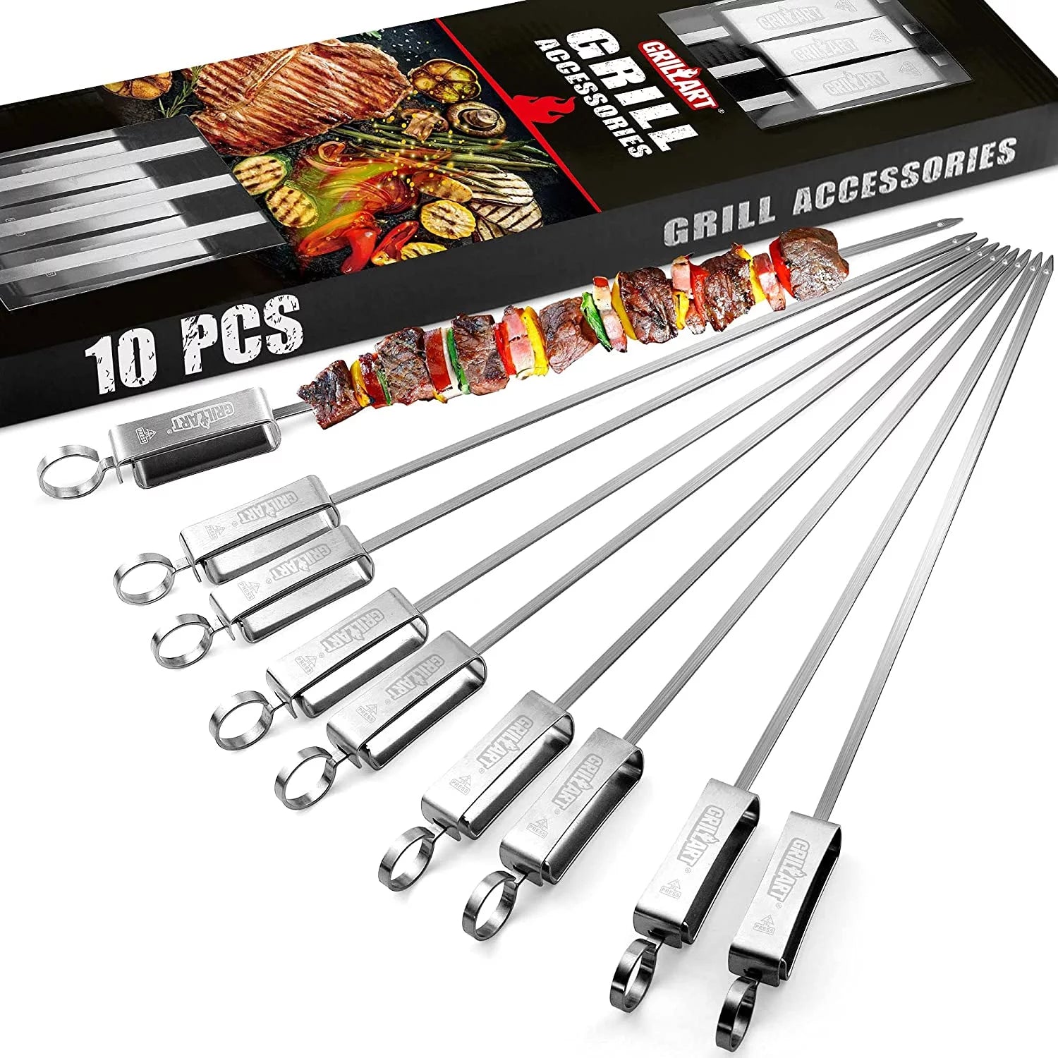 Kabob Skewers for Grilling - Metal Skewers for Kabobs with Slider - Flat BBQ Skewers Stainless Steel - 17 Shish Kabob Grill Skewers & Ideal Kabob Sticks for Meat Shrimp Chicken Veggie(10PCS)
