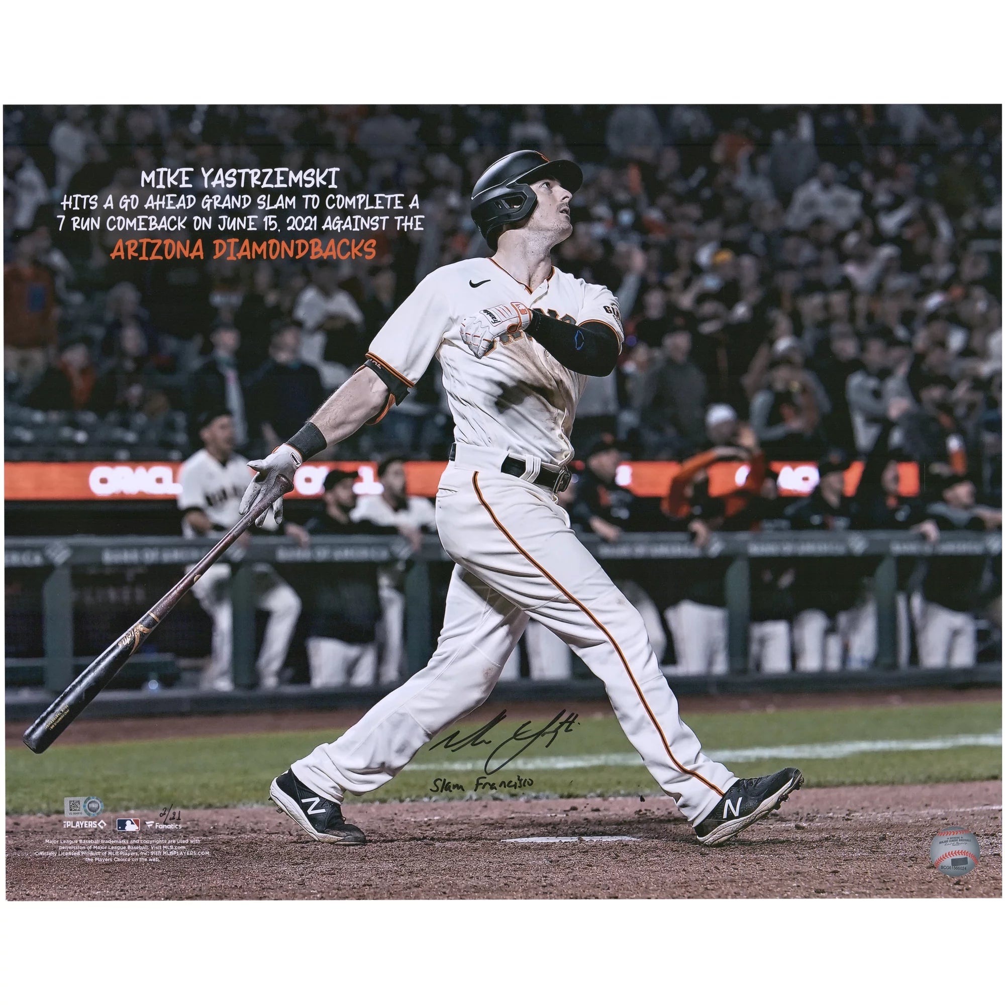 Mike Yastrzemski San Francisco Giants Autographed 16 x 20 Grand Slam Photograph with Slam Francisco Inscription - Limited Edition of 21 - Fanatics Authentic Certified