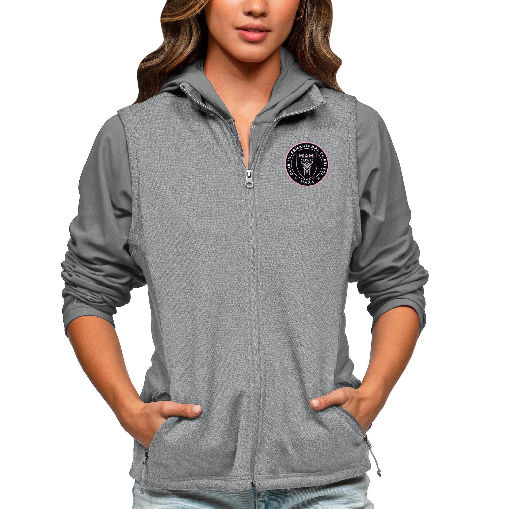 Women's Antigua Heather Gray Inter Miami CF Team Logo Course Full-Zip Vest