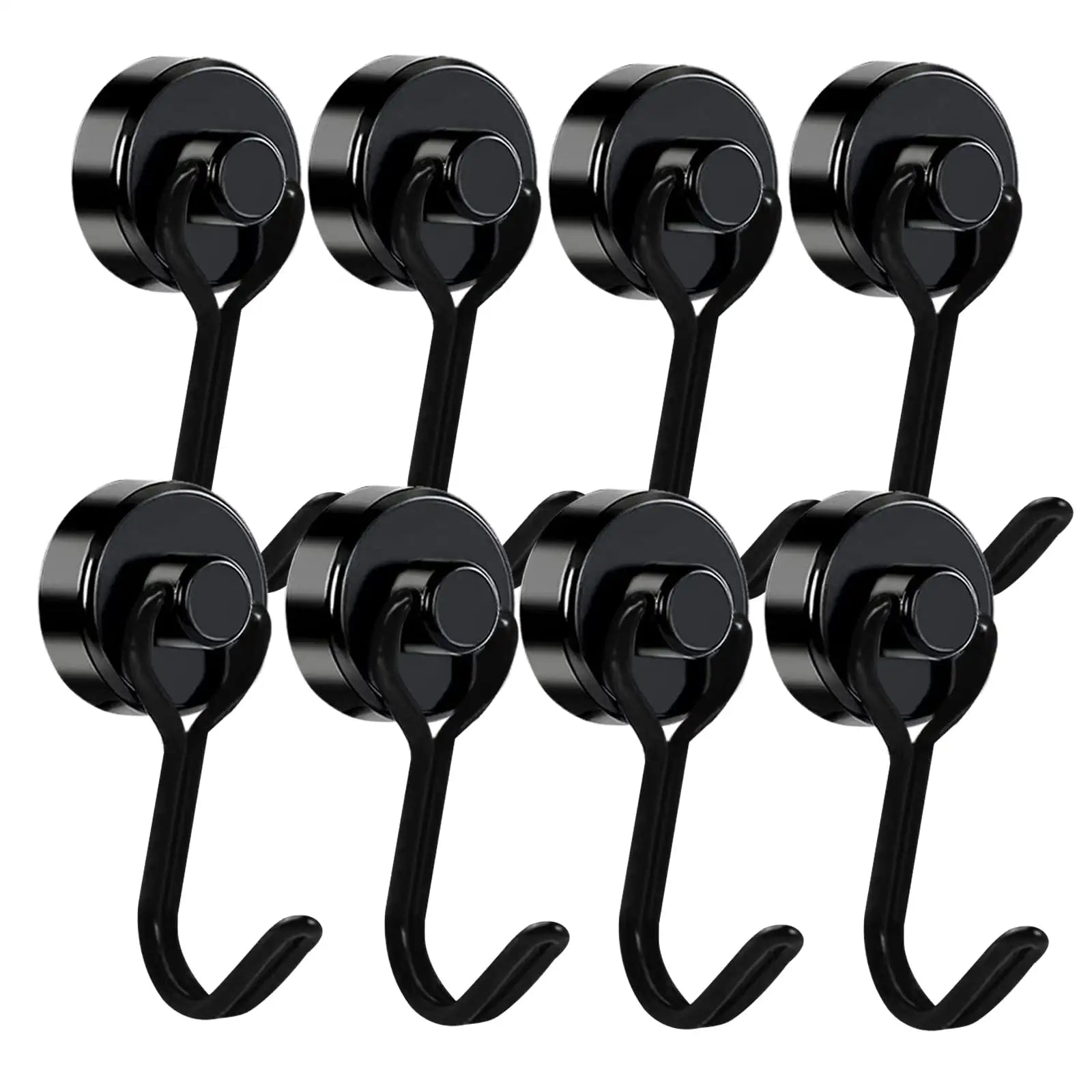 Fymlhomi 8PCS Magnetic Hook, Refrigerator Magnetic Hooks 33 LB Strong Heavy Duty Neodymium Magnet Hook with 8 Metal Plates, Swivel Swing Magnetic Hooks for Indoor Outdoor Hanging Grill Kitchen Black