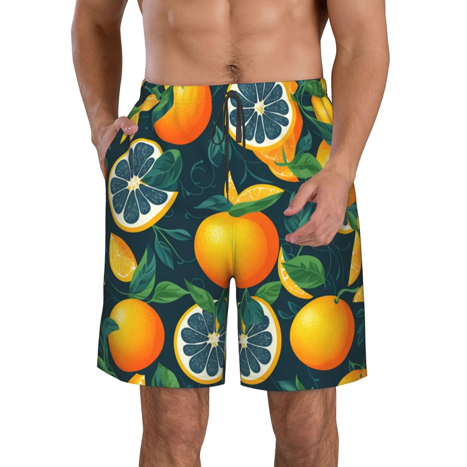 Kll Fresh Orange Men'S Casual Summer Beach Shorts Hawaiian Shorts With Pockets-Small
