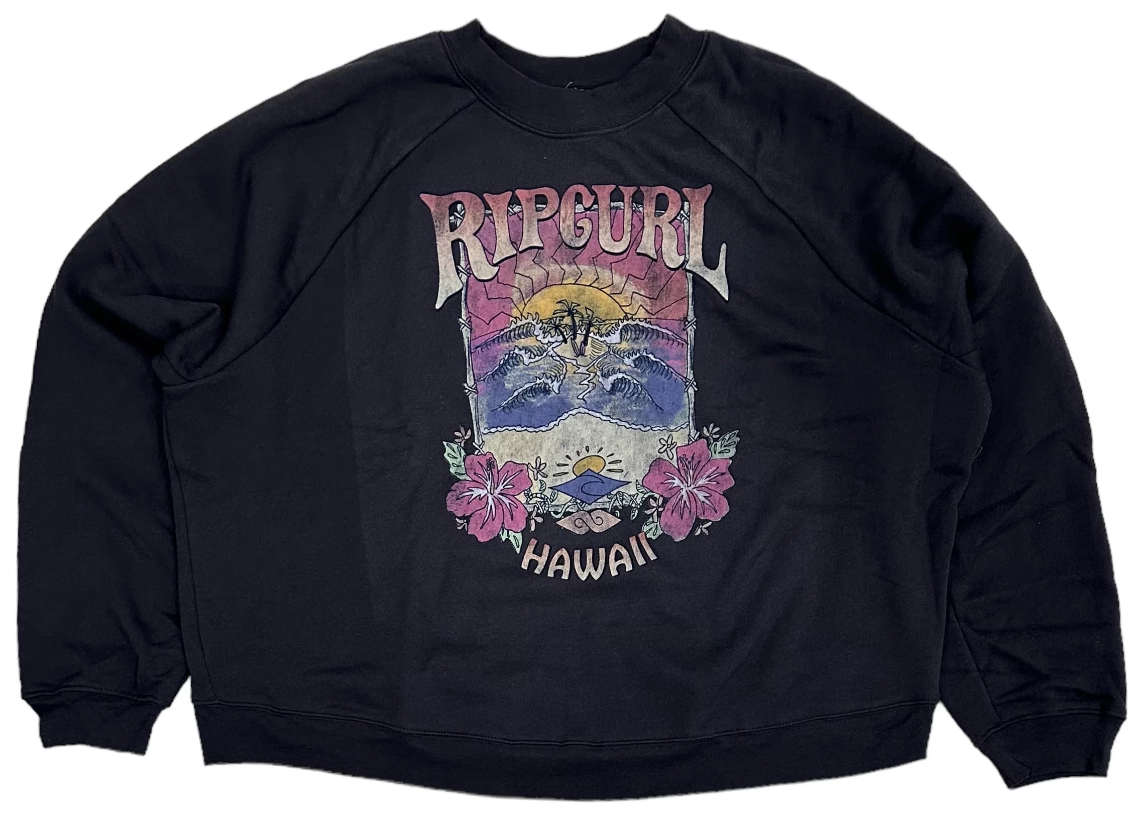 Rip Curl Women's Hawaii Barrelled Relaxed Fit Crewneck Sweatshirt (X-Large, Washed Black)