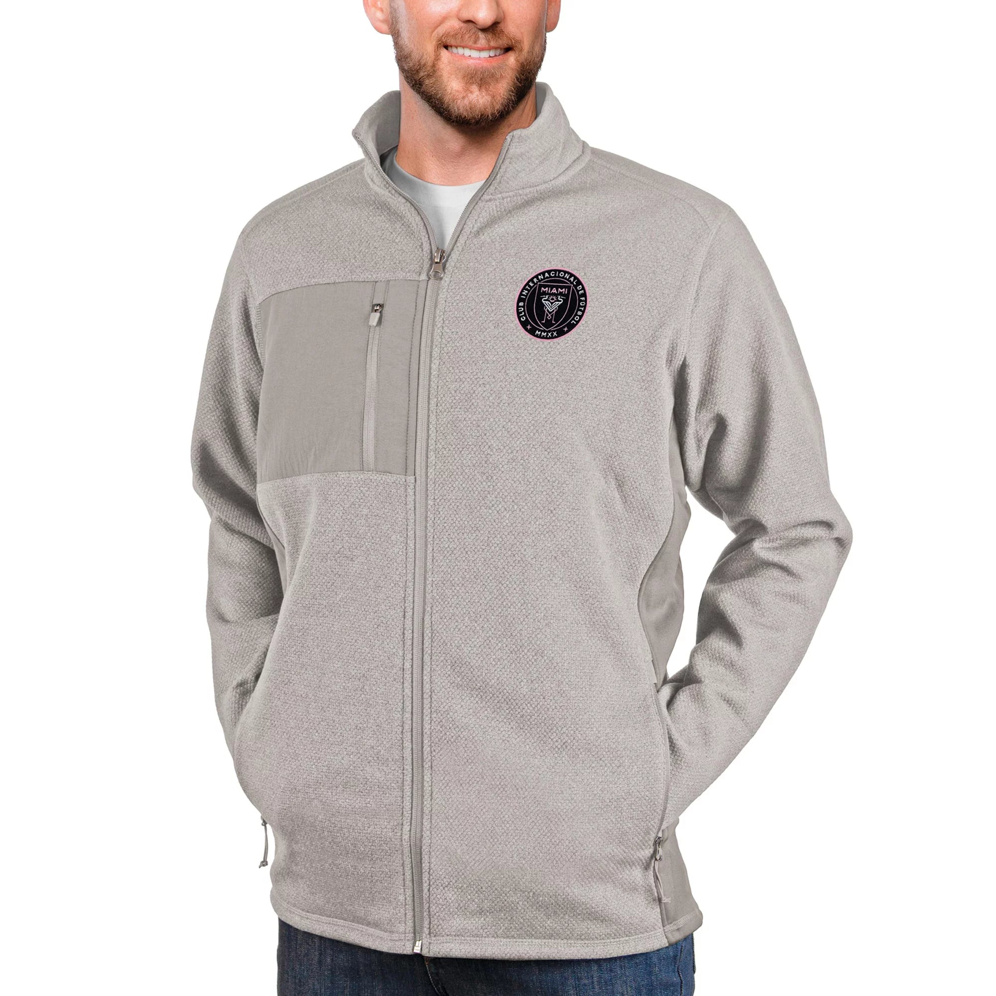 Men's Antigua Oatmeal Inter Miami CF Primary Team Logo Course Full-Zip Jacket
