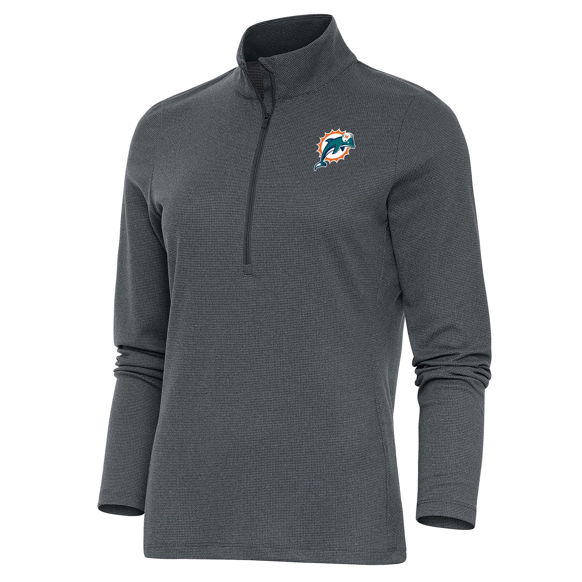 Women's Antigua Heather Charcoal Miami Dolphins Throwback Logo Epic Quarter-Zip Pullover Top