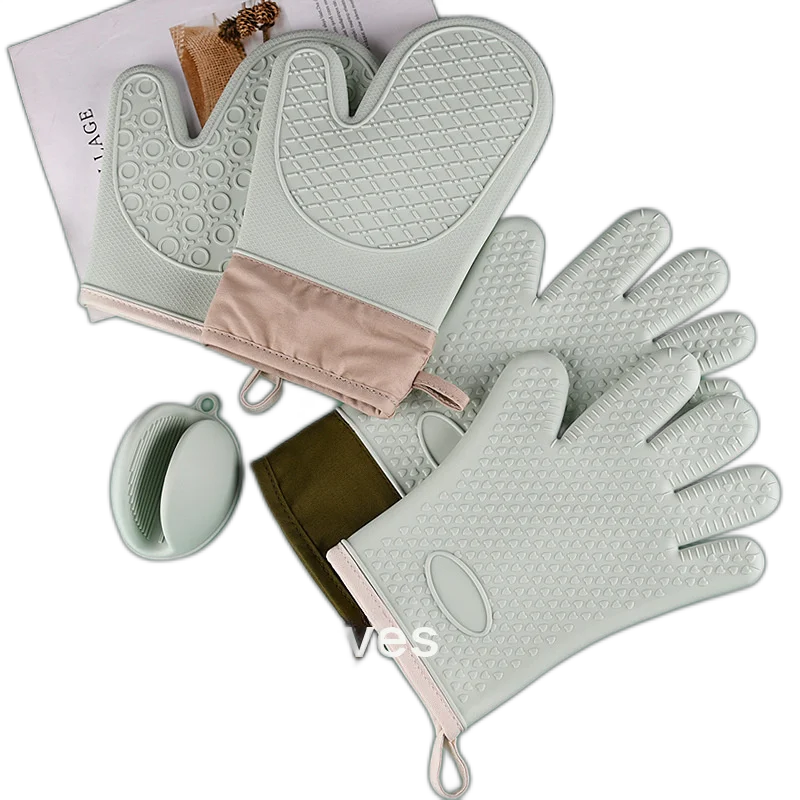 Silicone Insulating Gloves Long High-Temperature Use Of Non-Slip Kitchen Insulating Gloves Cotton Thickened Baking Silicone Gloves Five-Finger Short Cotton Gloves-Beige Edging