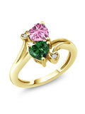 Gem Stone King 18K Yellow Gold Plated Silver Pink Moissanite Green Nano Emerald Ring For Women (1.53 Cttw, Heart Shape 6MM, Gemstone Birthstone, Available In Size 5, 6, 7, 8, 9)