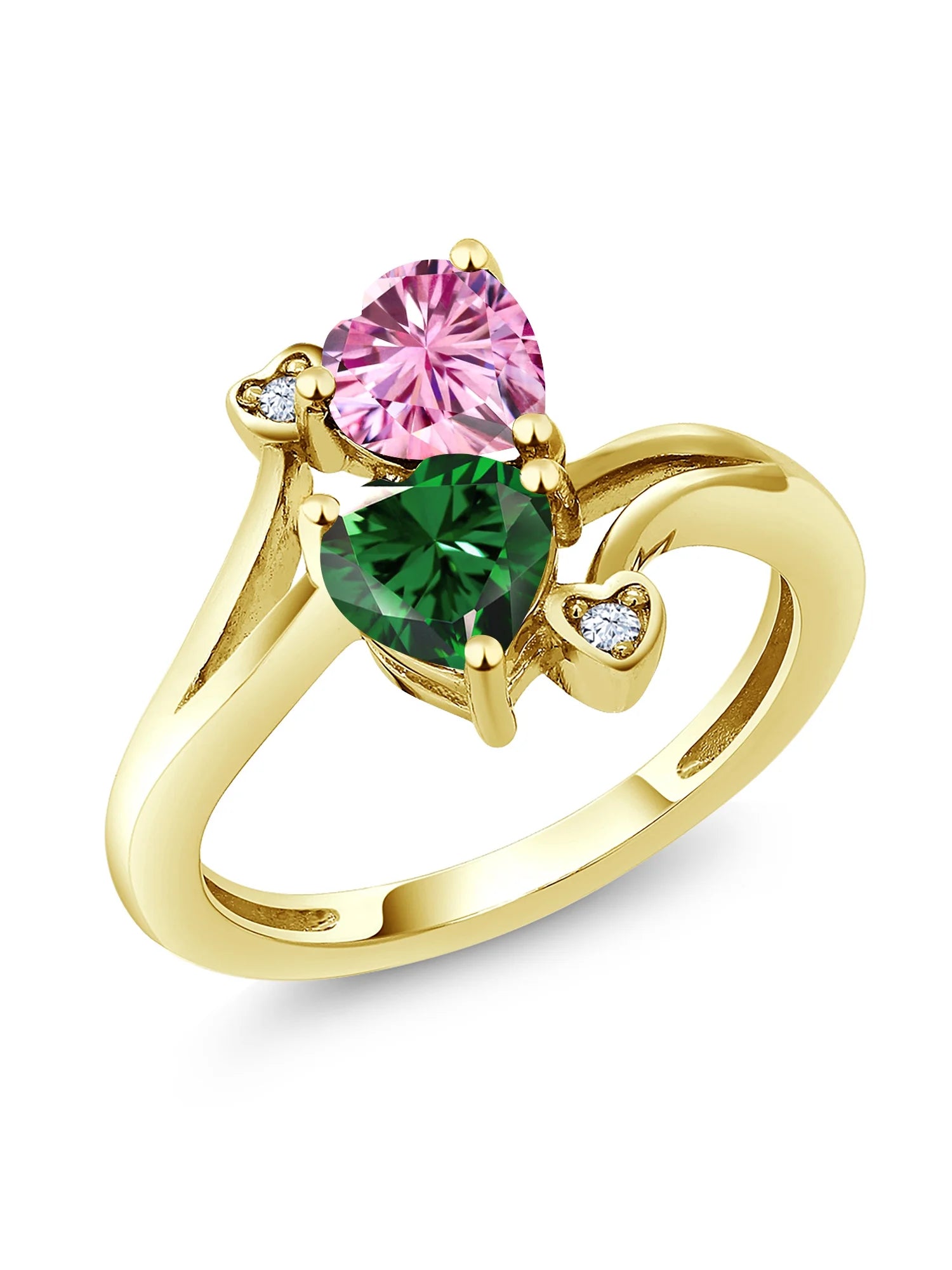 Gem Stone King 18K Yellow Gold Plated Silver Pink Moissanite Green Nano Emerald Ring For Women (1.53 Cttw, Heart Shape 6MM, Gemstone Birthstone, Available In Size 5, 6, 7, 8, 9)
