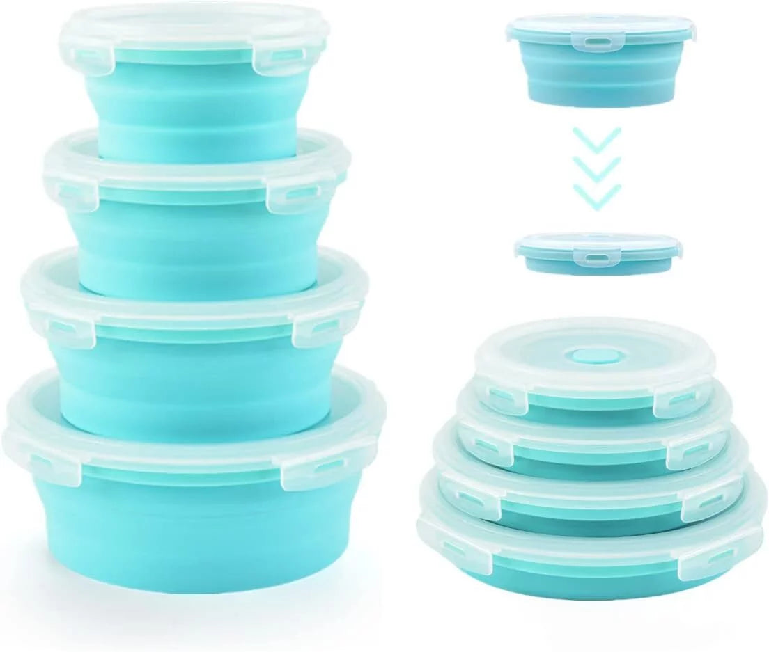 Silicone Collapsible Food Storage Containers-Prep/Storage Bowls with Lids ¨C Set of 4 Round Silicone Lunch Containers ¨C Microwave and Freezer Food Containers (Blue)