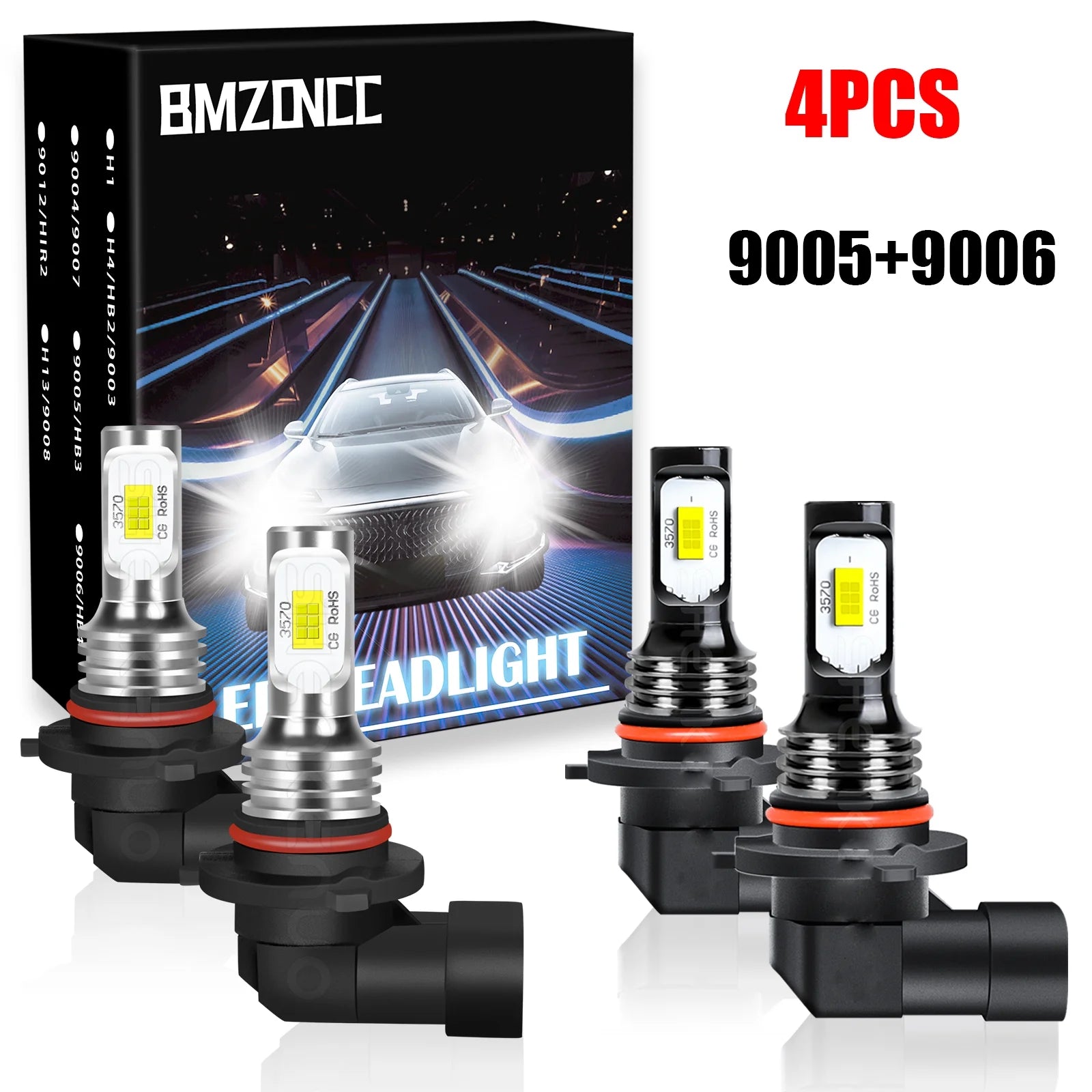 9005 9006 LED Headlight Bulbs Combo, High Low Beam Replacement, 3800LM 6000K Cool White, Wireless Headlight LED Bulbs, Pack of 4