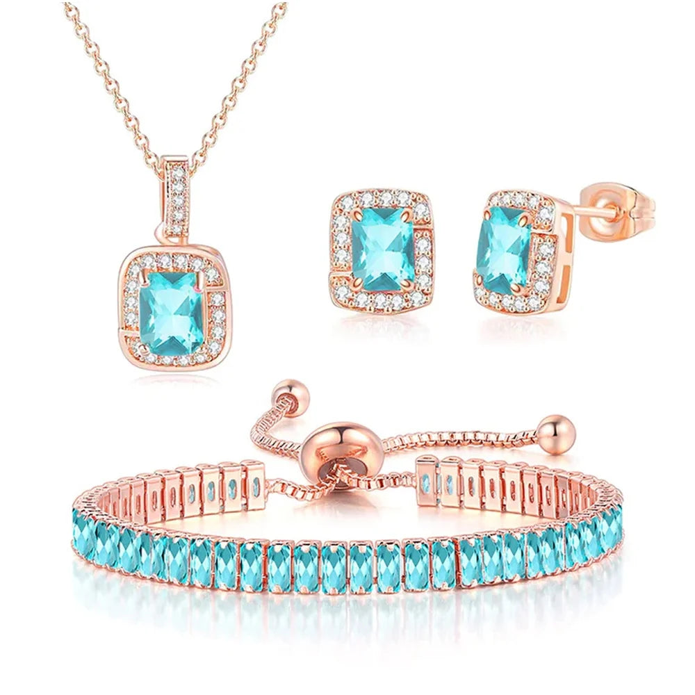Paris Jewelry 18K Rose Gold Created Aquamarine Princess Halo Pendant Necklace, Earrings and Tennis Bracelet Jewelry Set Plated