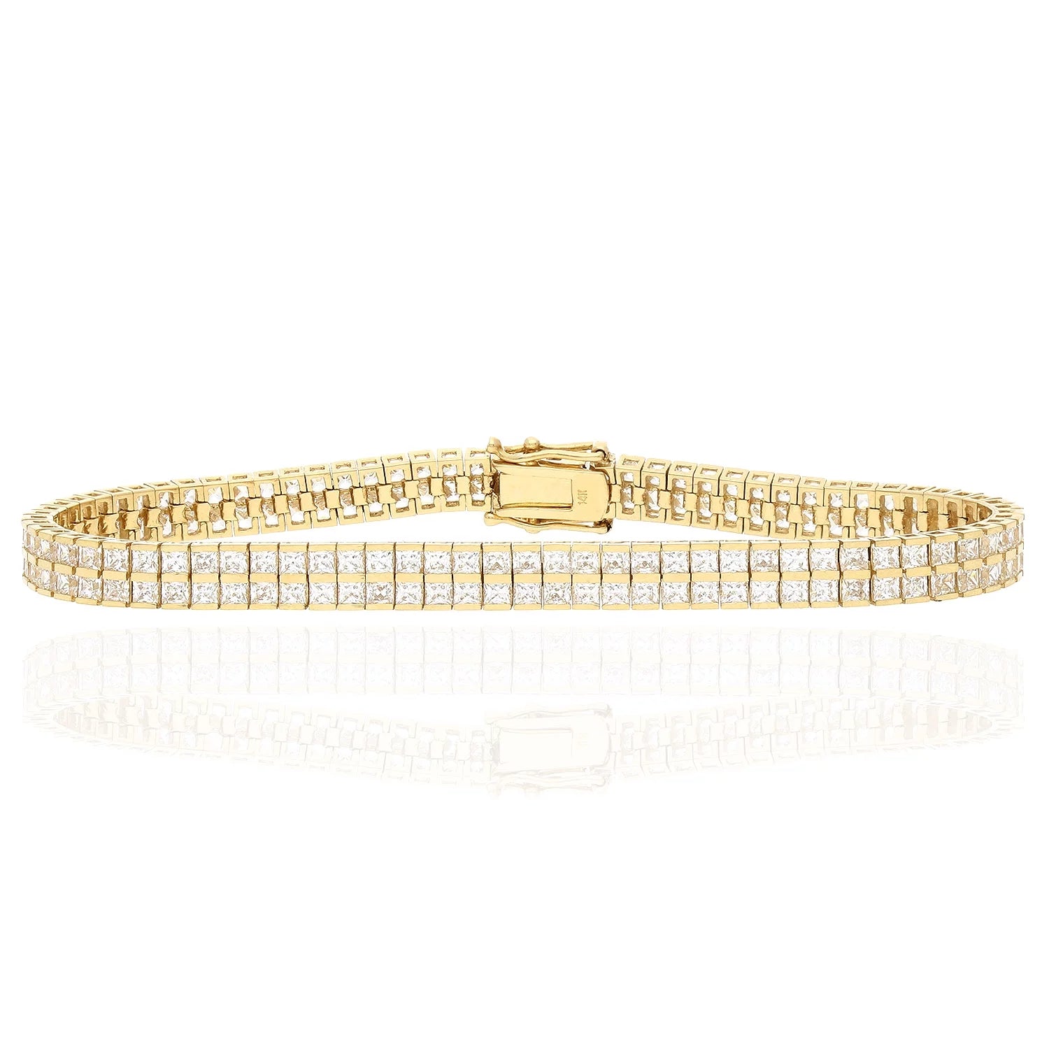 14K Yellow Gold Two-Row Chanel Set Princes Cut Created Diamond Tennis Bracelet