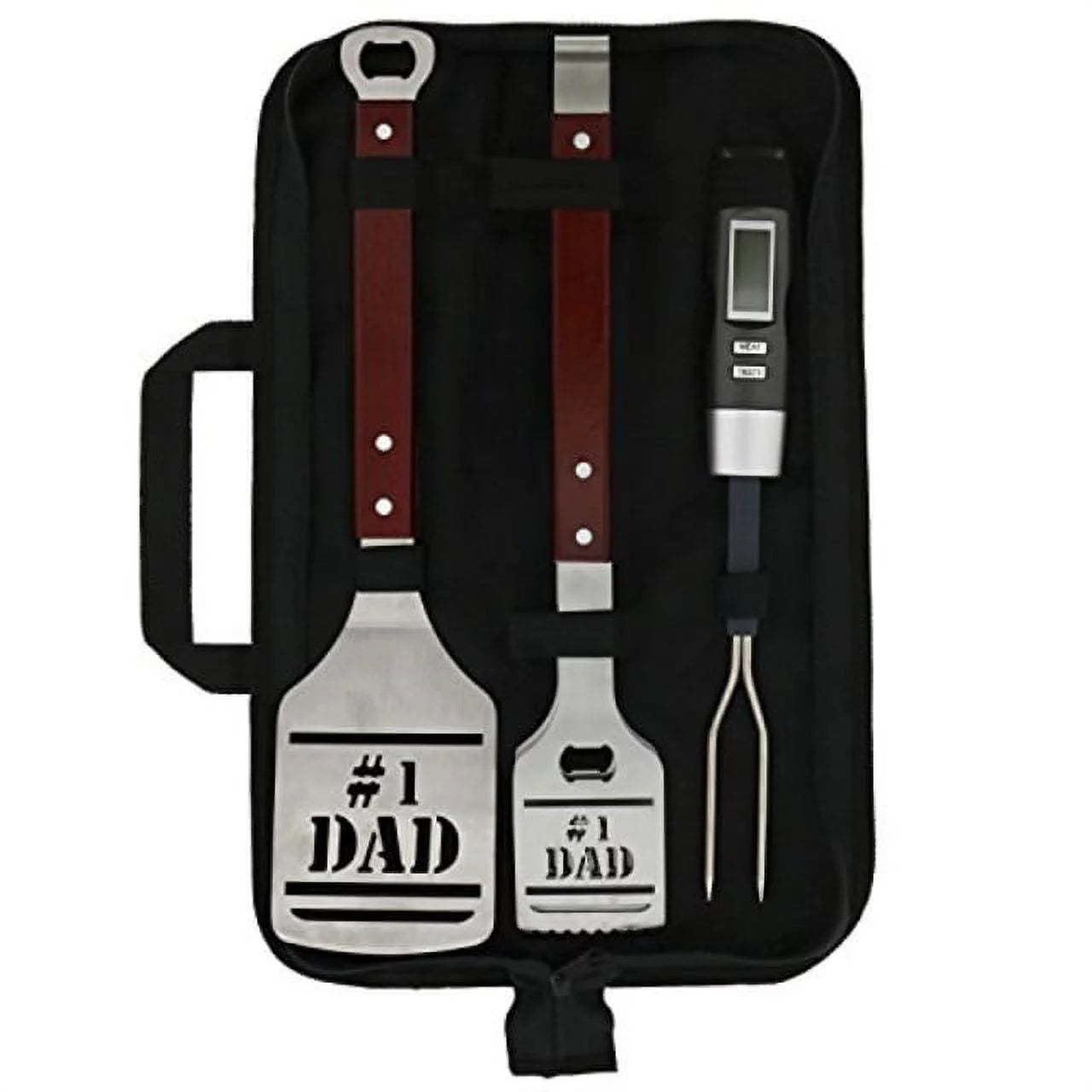 Panoware BBQ Grill Set with Carry Case for Dad, 4 Piece Set, Number 1 Dad Tongs, Spatula, Digital Thermometer and Case