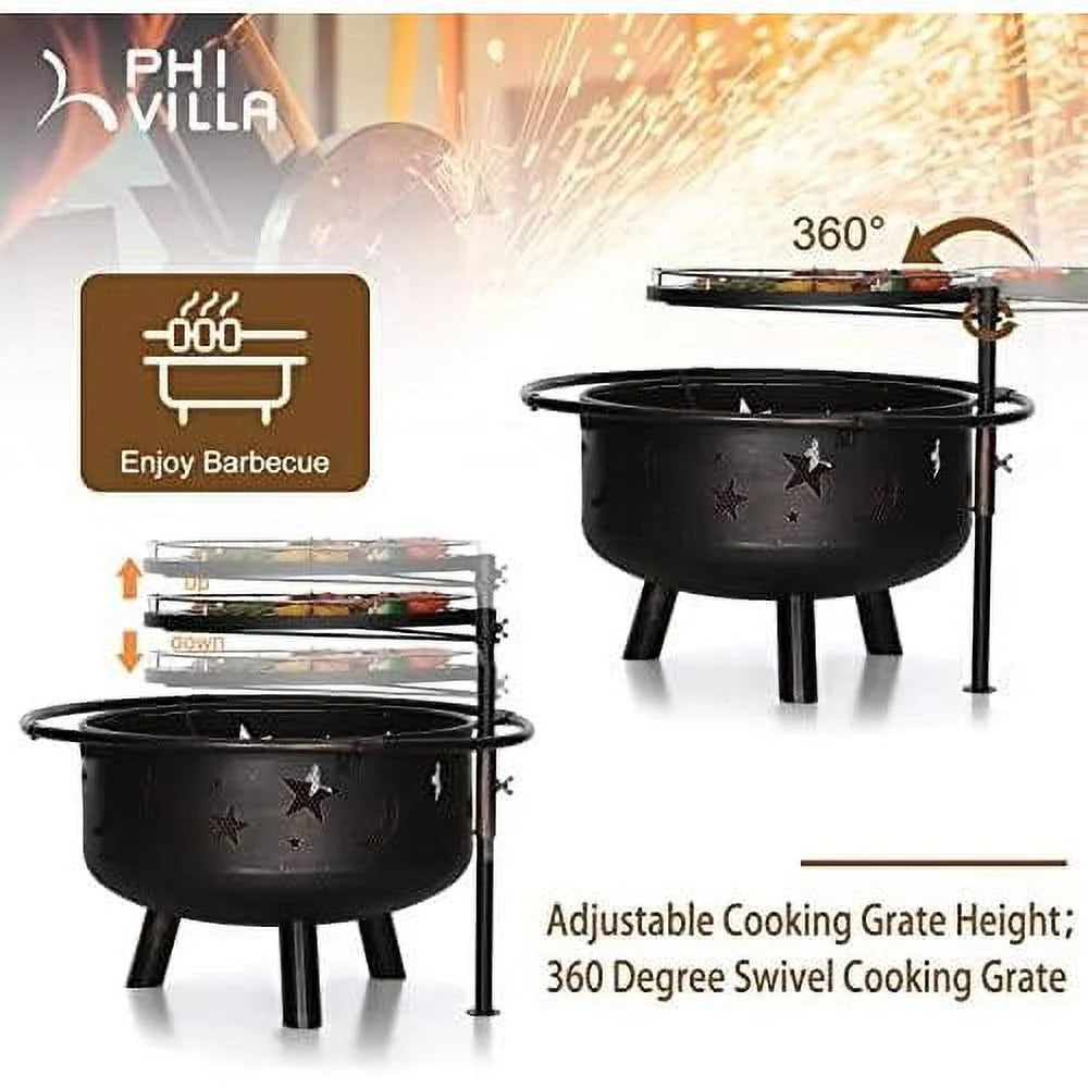 Outdoor Wood Burning With Cooking Grate, Patio Deep Bowl Steel s For Outside With Adjustable Swivel BBQ Grill Pan, Star & Moon Cutouts Pattern, & Screen