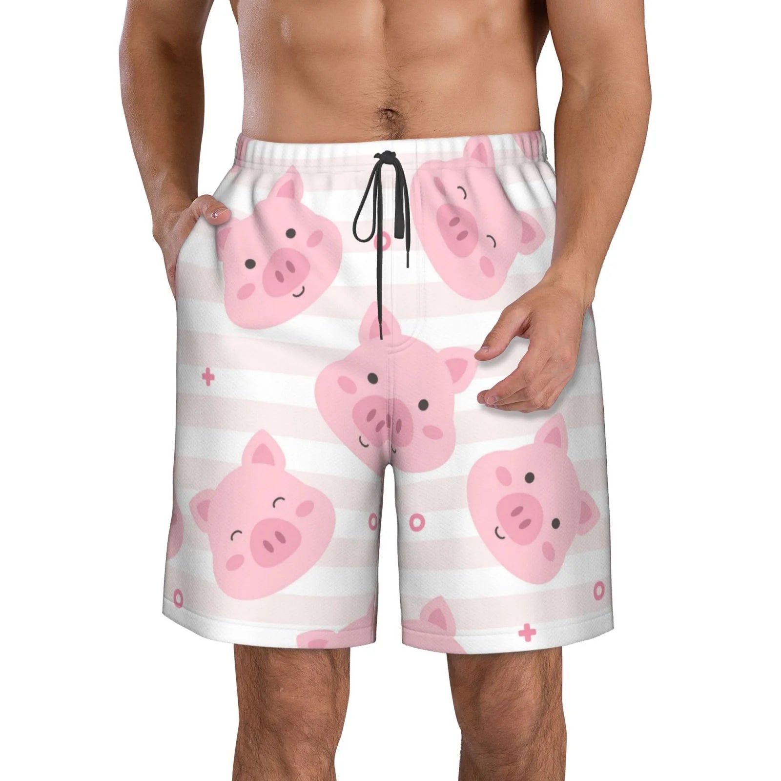 Kll Cartoon Pig Men'S Casual Summer Beach Shorts Hawaiian Shorts With Pockets-Small