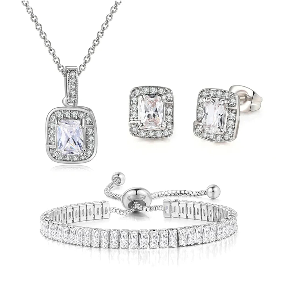Paris Jewelry 18K White Gold Created White Sapphire Princess Halo Necklace, Earring & Tennis Bracelet Set Plated