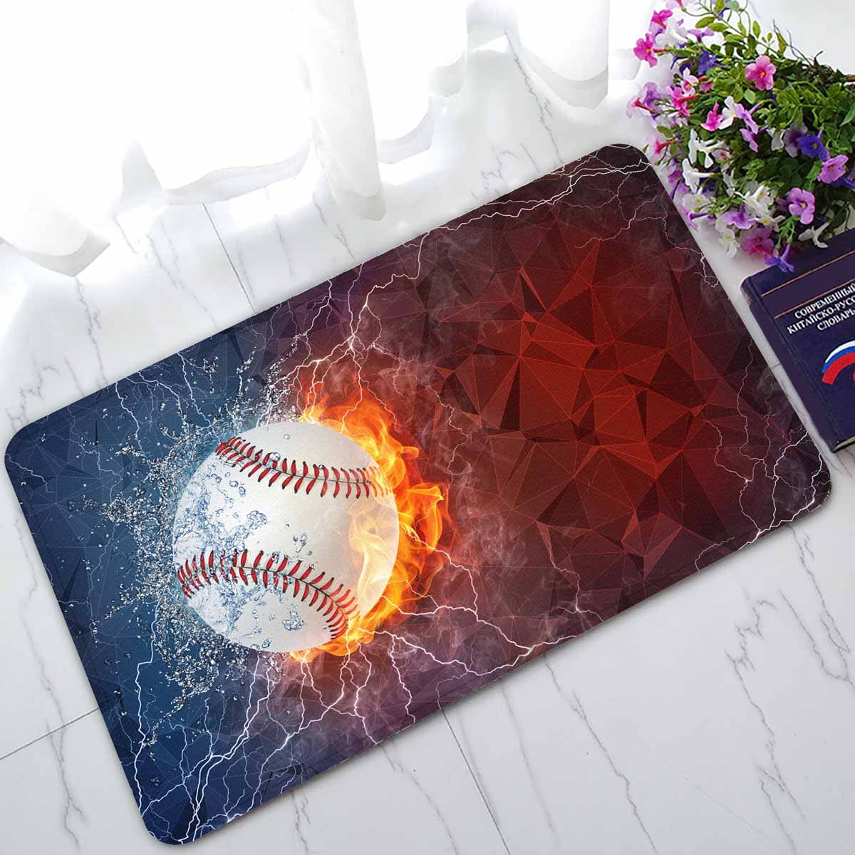 PKQWTM Softball ball fire water lightening around polygonal Home Decor Floor Mat Area Rug Doormat Size 18x30 Inches
