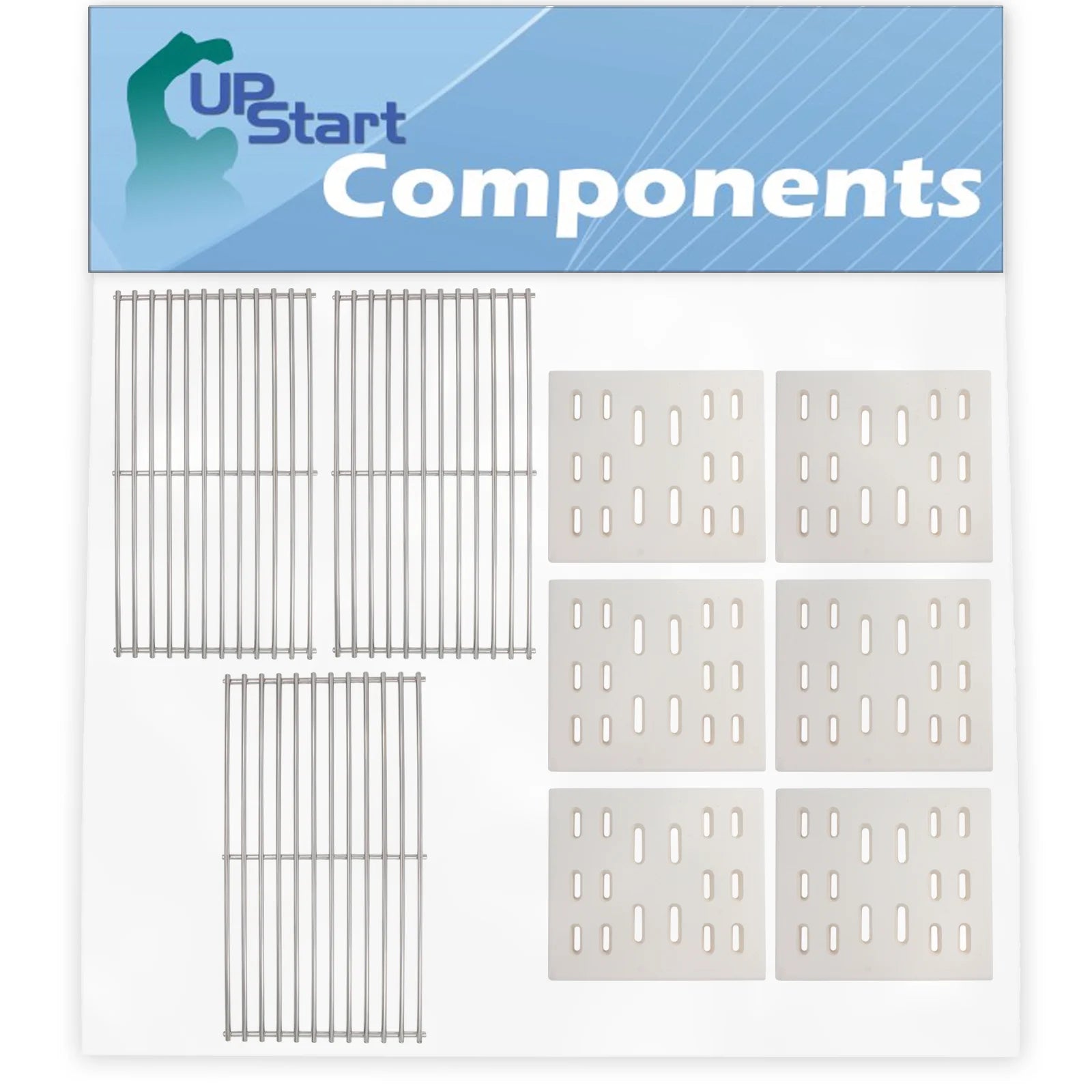 3 BBQ Grill Cooking Grates & 6 Heat Shield Plate Tent Replacement Parts for Sams Y0660NG - Compatible Barbeque Grid 18 3/4 & Ceramic Flame Tamer, Guard, Deflector, Flavorizer Bar