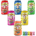 DS Warheads Sour Soda Assortment Pack - Six 12 oz. Cans of Warheads Extreme Sour Candy Pop in Black Cherry, Blue Raspberry, Green Apple, Watermelon, Lemon, and Peach - 5 Warheads Candy Included