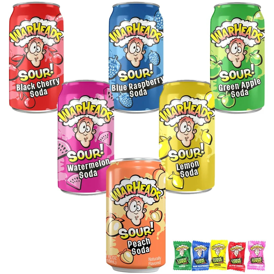 DS Warheads Sour Soda Assortment Pack - Six 12 oz. Cans of Warheads Extreme Sour Candy Pop in Black Cherry, Blue Raspberry, Green Apple, Watermelon, Lemon, and Peach - 5 Warheads Candy Included