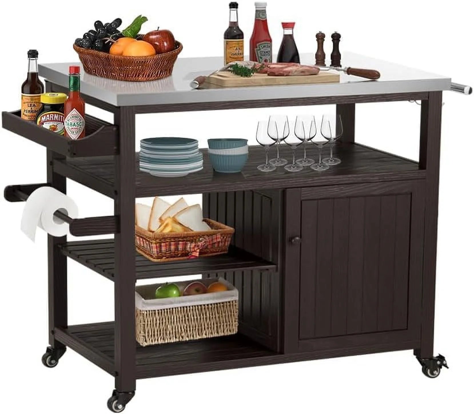 Outdoor Grill Table Solid Wood Storage Cabinet, Rolling Kitchen Island, Movable Bar Cart with Stainless Steel Top for Outside Patio, Backyard, Garden (Brown)