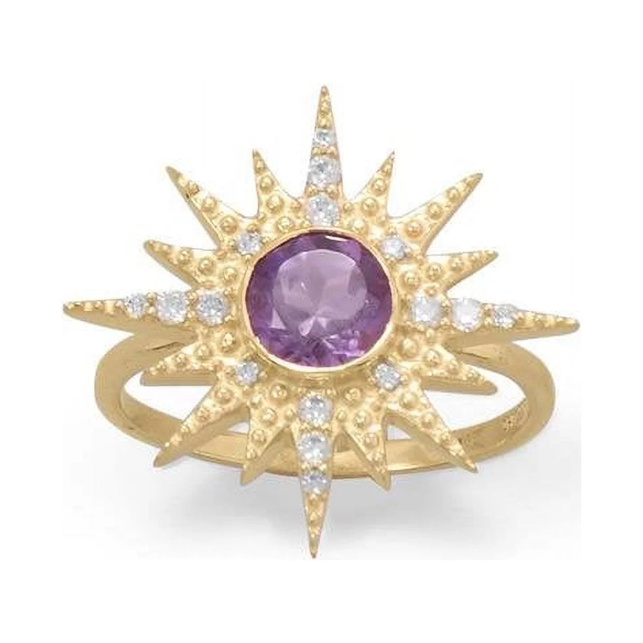 14K Gold Plated Sterling Silver Amethyst Sunburst Ring - Size 6
