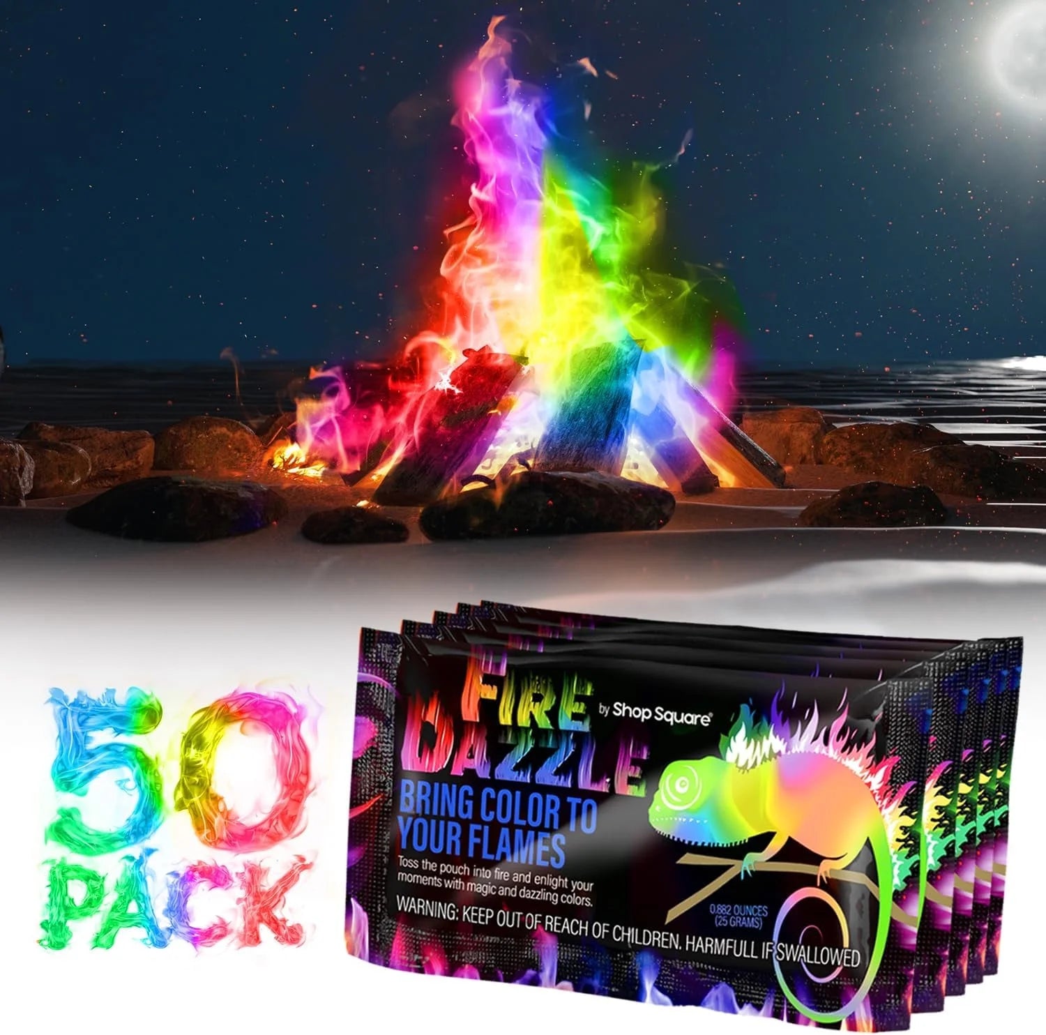 Fire Dazzle Fire Color Flame for Campfire, 50 Pack Color Fire Packets, Fire Color Changing Packets Fire Pit