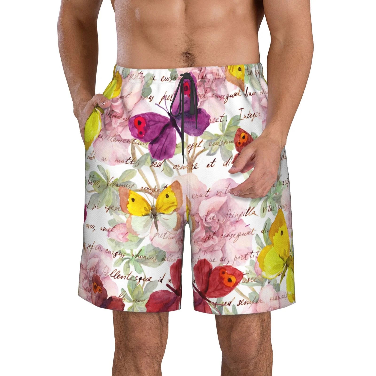 Kll Butterflies And Vintage Men'S Casual Summer Beach Shorts Hawaiian Shorts With Pockets-Small